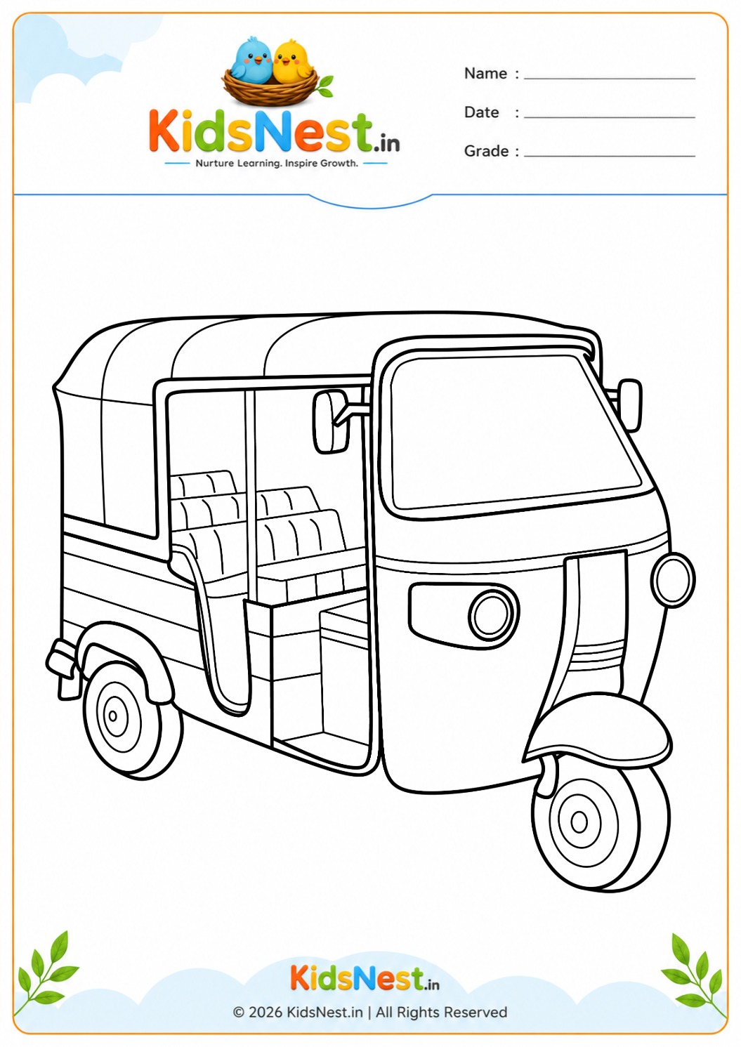 Auto Rickshaw Coloring Worksheet for Kids | Printable PDF