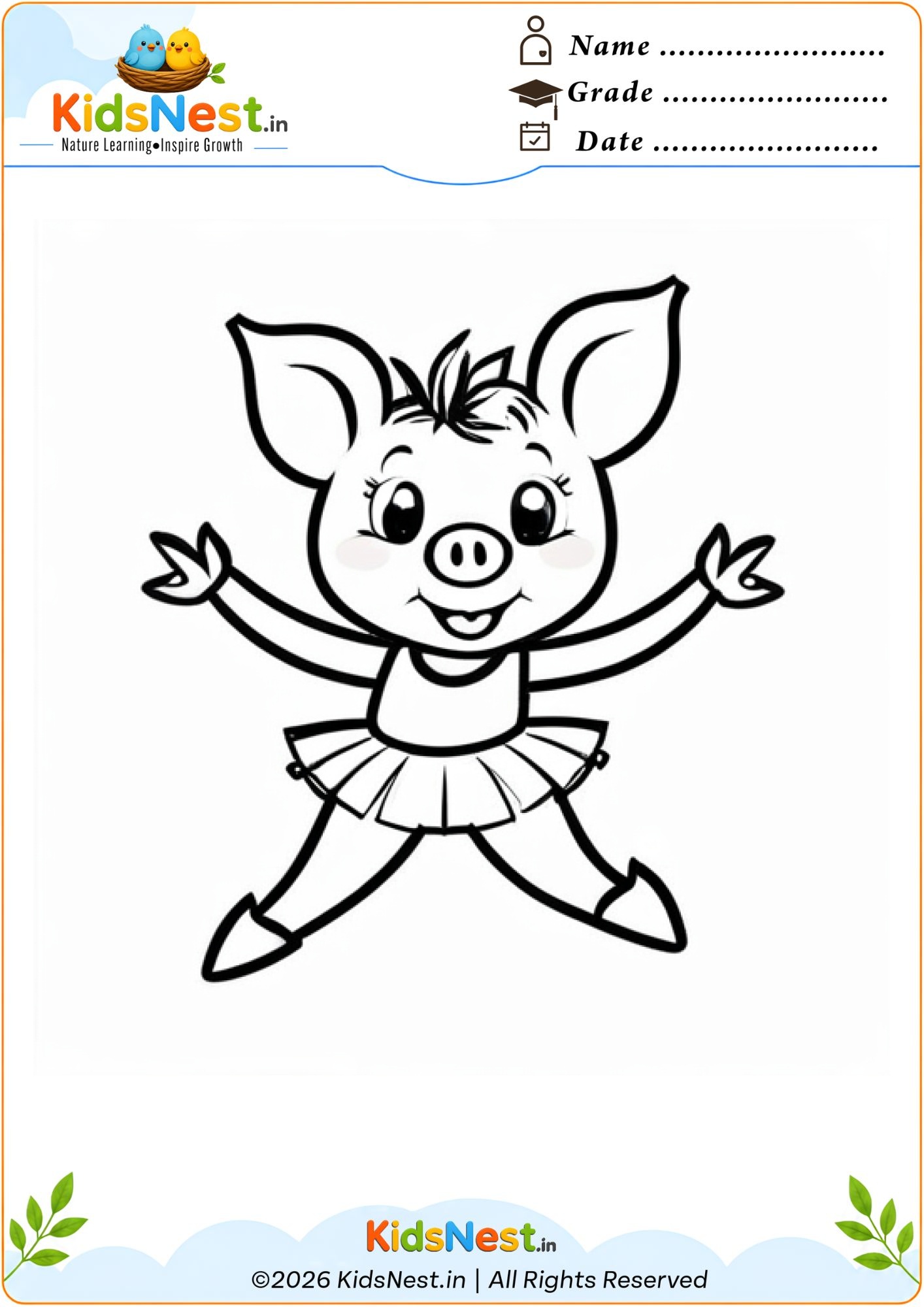 Ballerina Pig Coloring Worksheet for Kids | Printable PDF