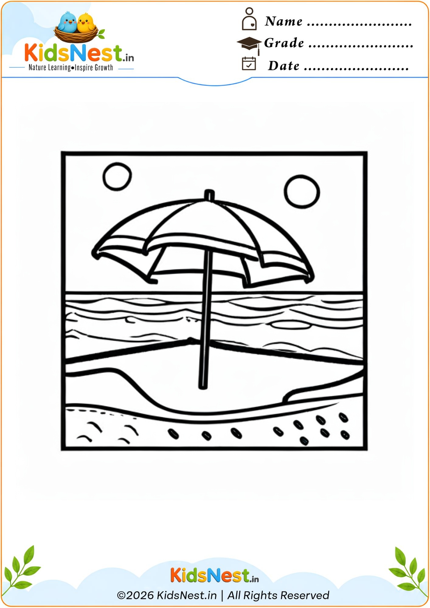 Beach Umbrella Coloring Worksheet for Kids | Free Printable