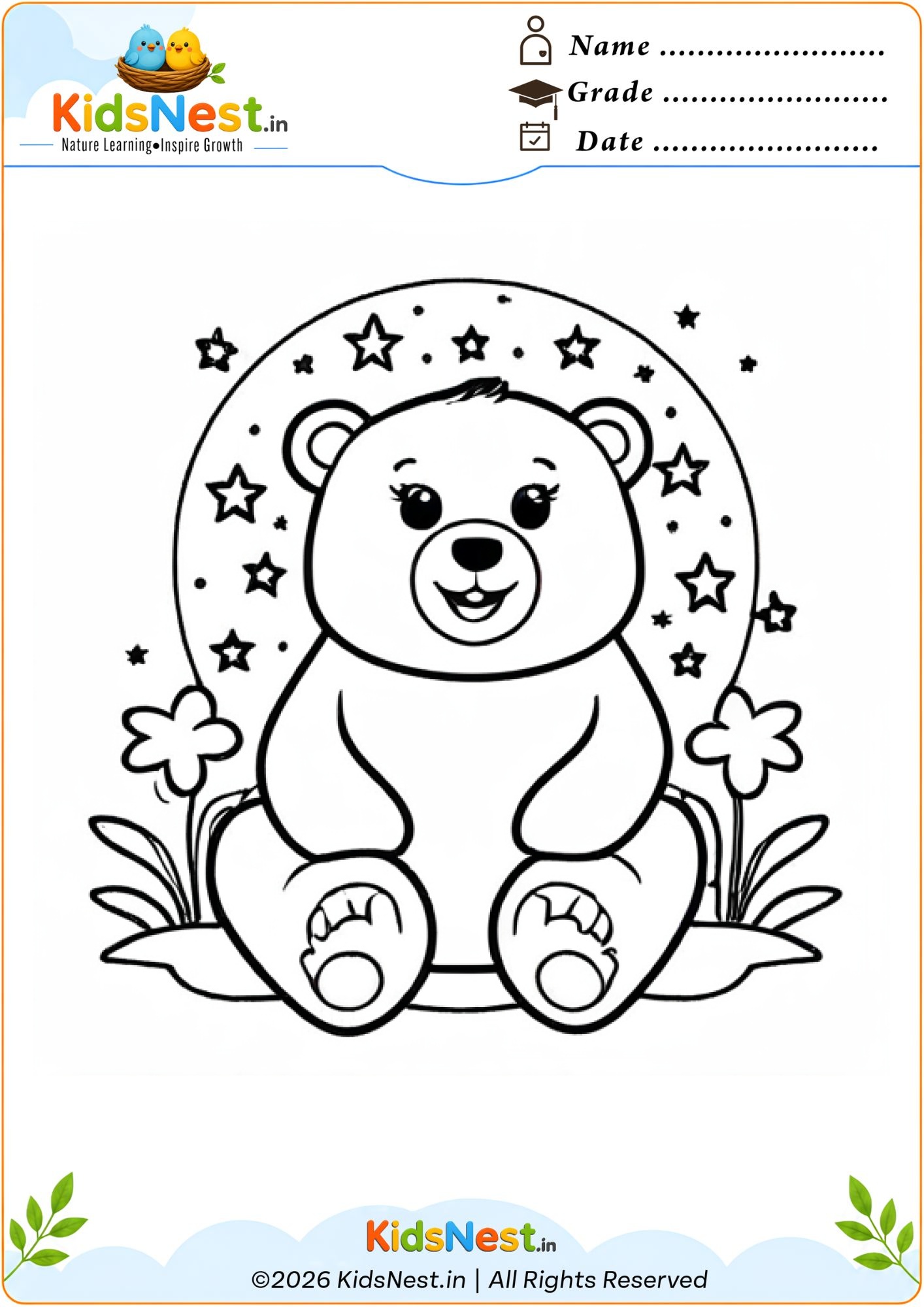 Bear and Stars Coloring Worksheet | Free Printable for Kids