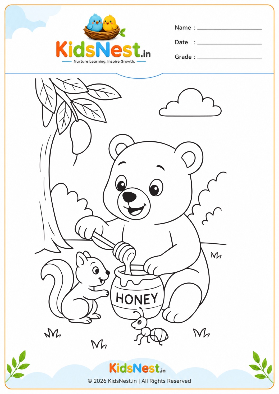 Free Bear Eating Honey Coloring Worksheet for Kids | Printable