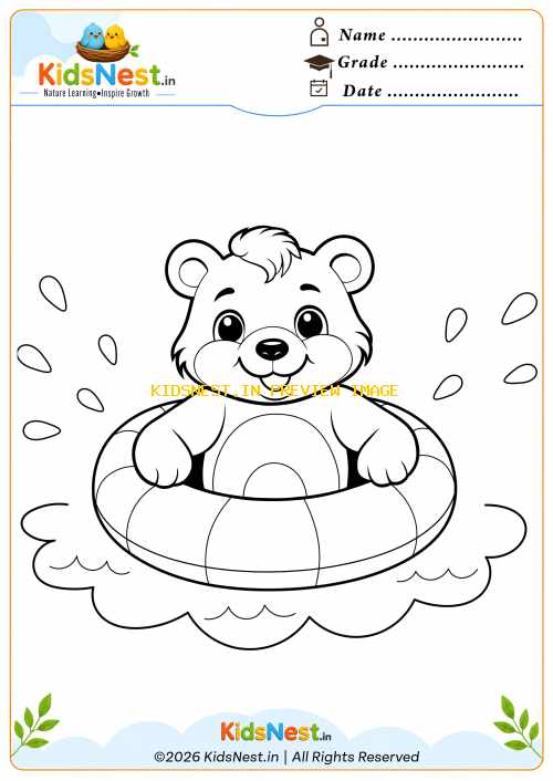 Bear in Swimming Tube Coloring Page for Kids | Free Printable