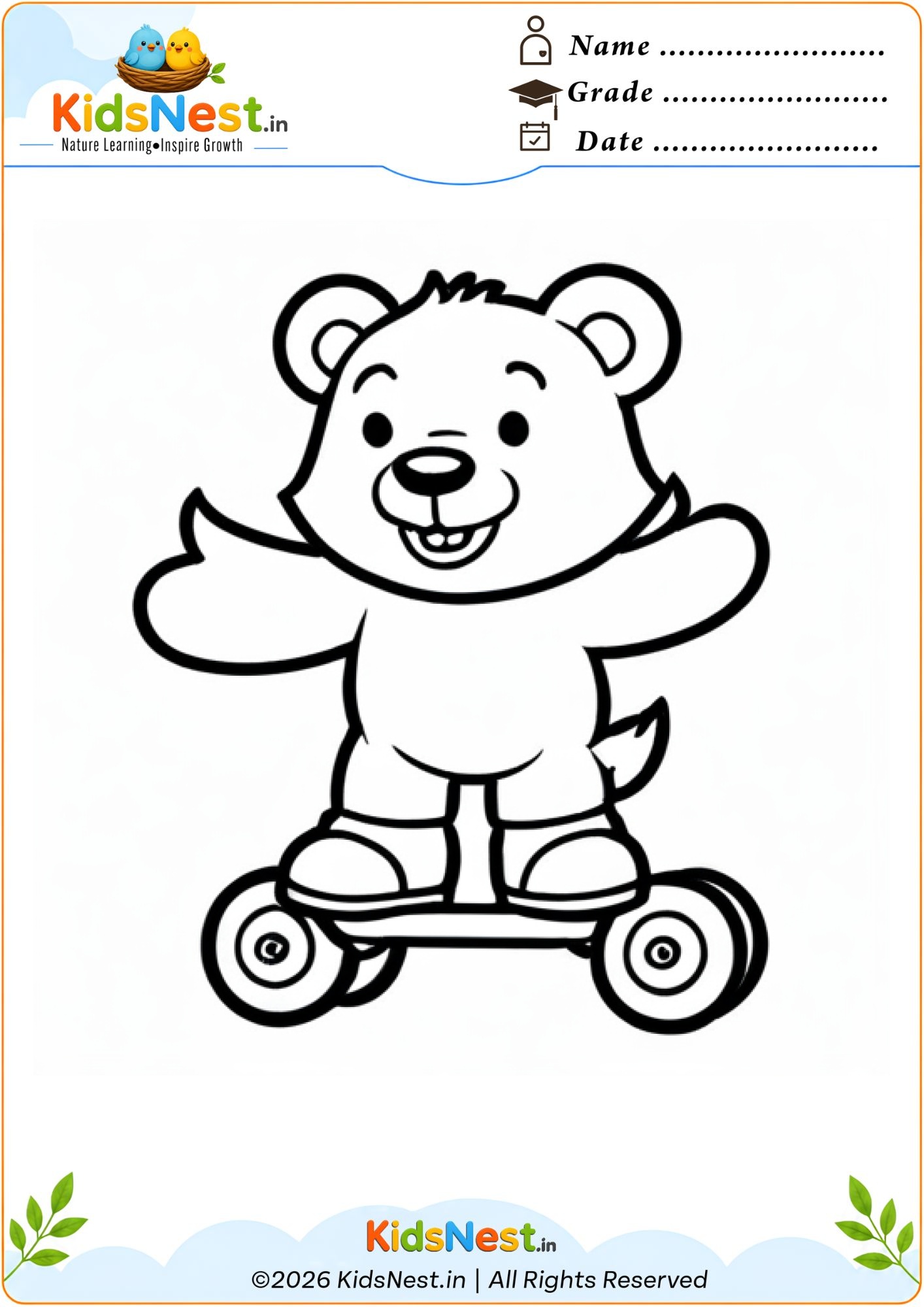 Bear Riding Skateboard Coloring Worksheet | Free Printable