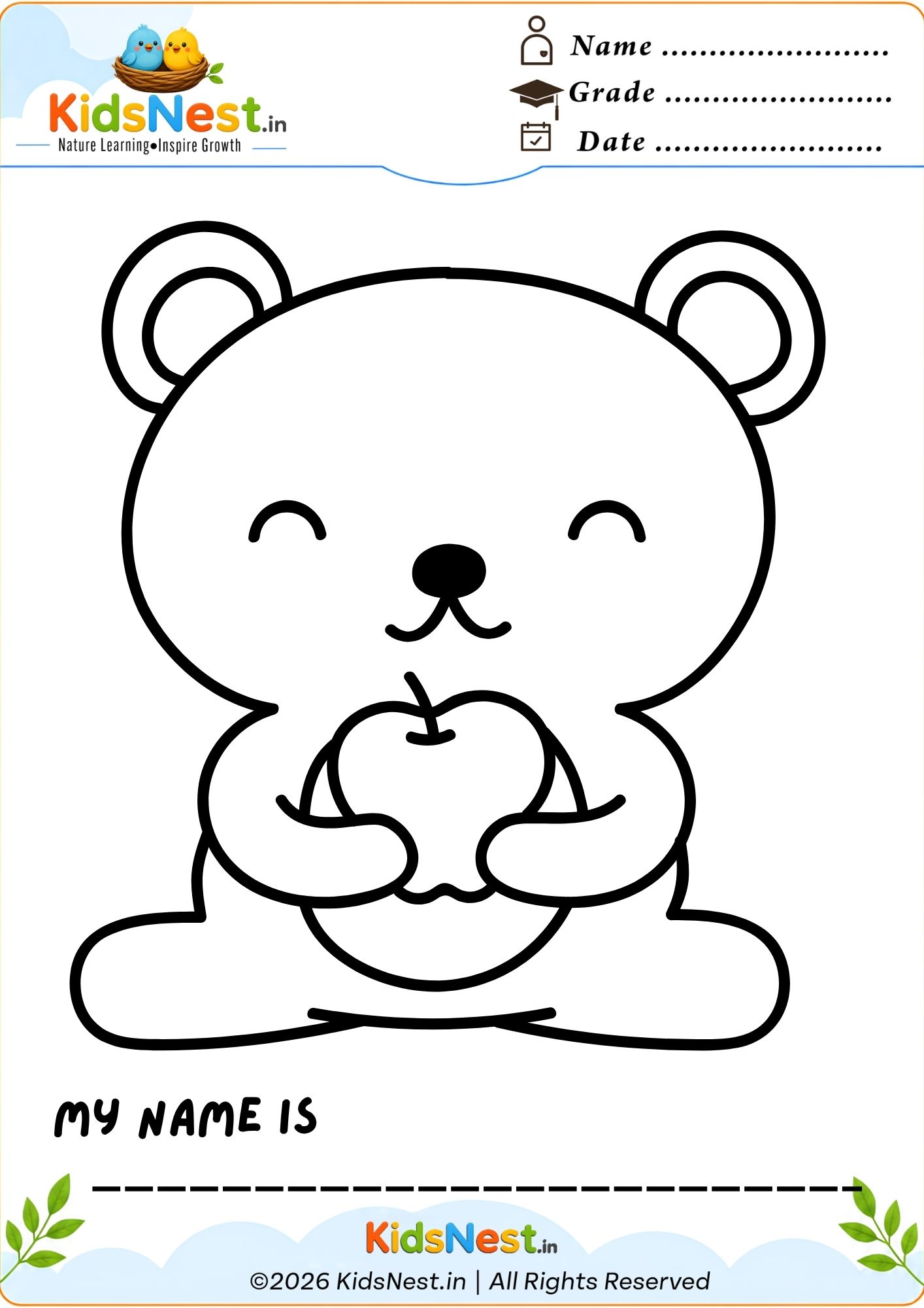 Bear with Apple Coloring Worksheet for Kids | Free Printable