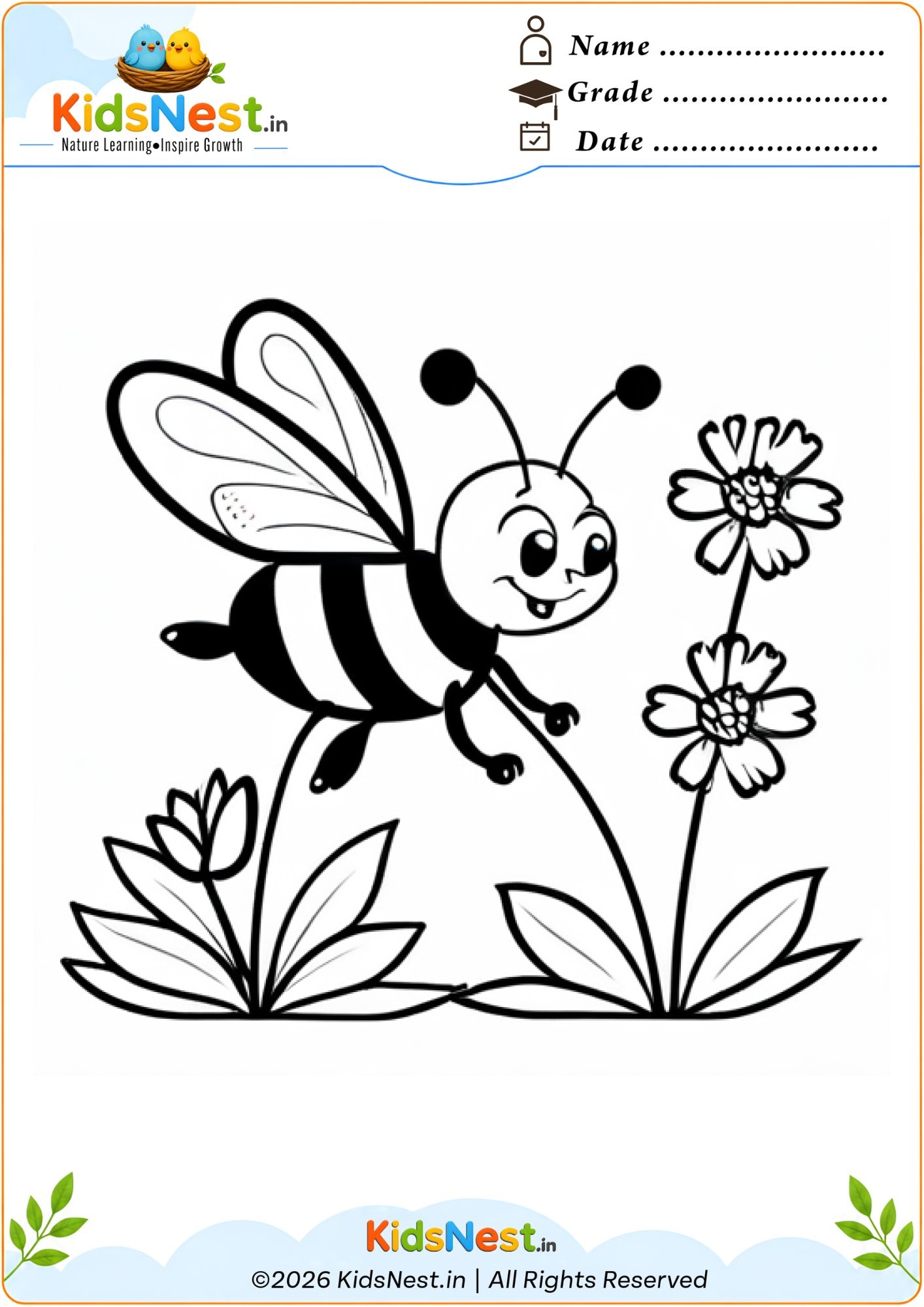 Bee and Flowers Coloring Worksheet | Printable for Kids