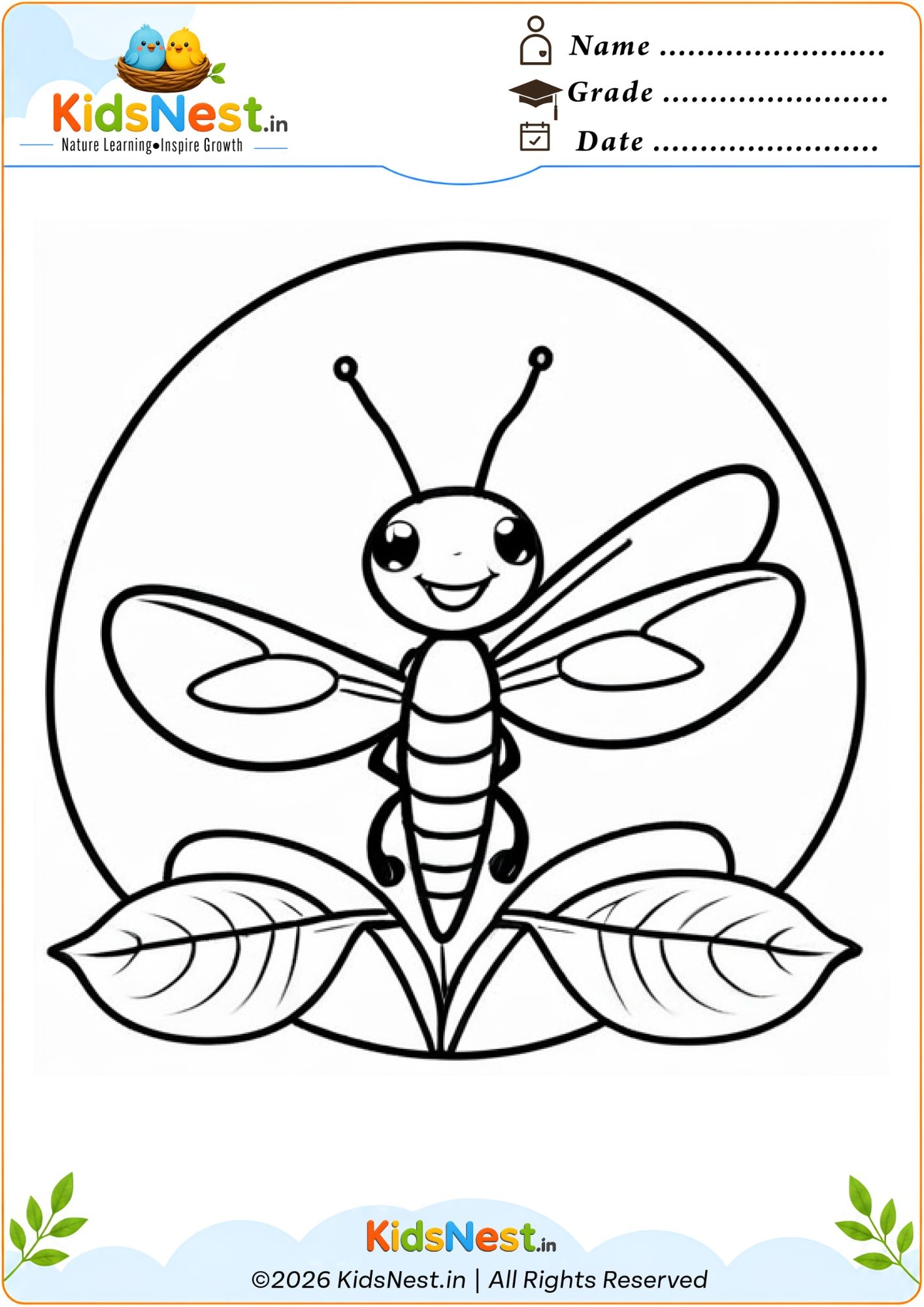 Bee and Leaf Coloring Worksheet for Kids | Printable PDF