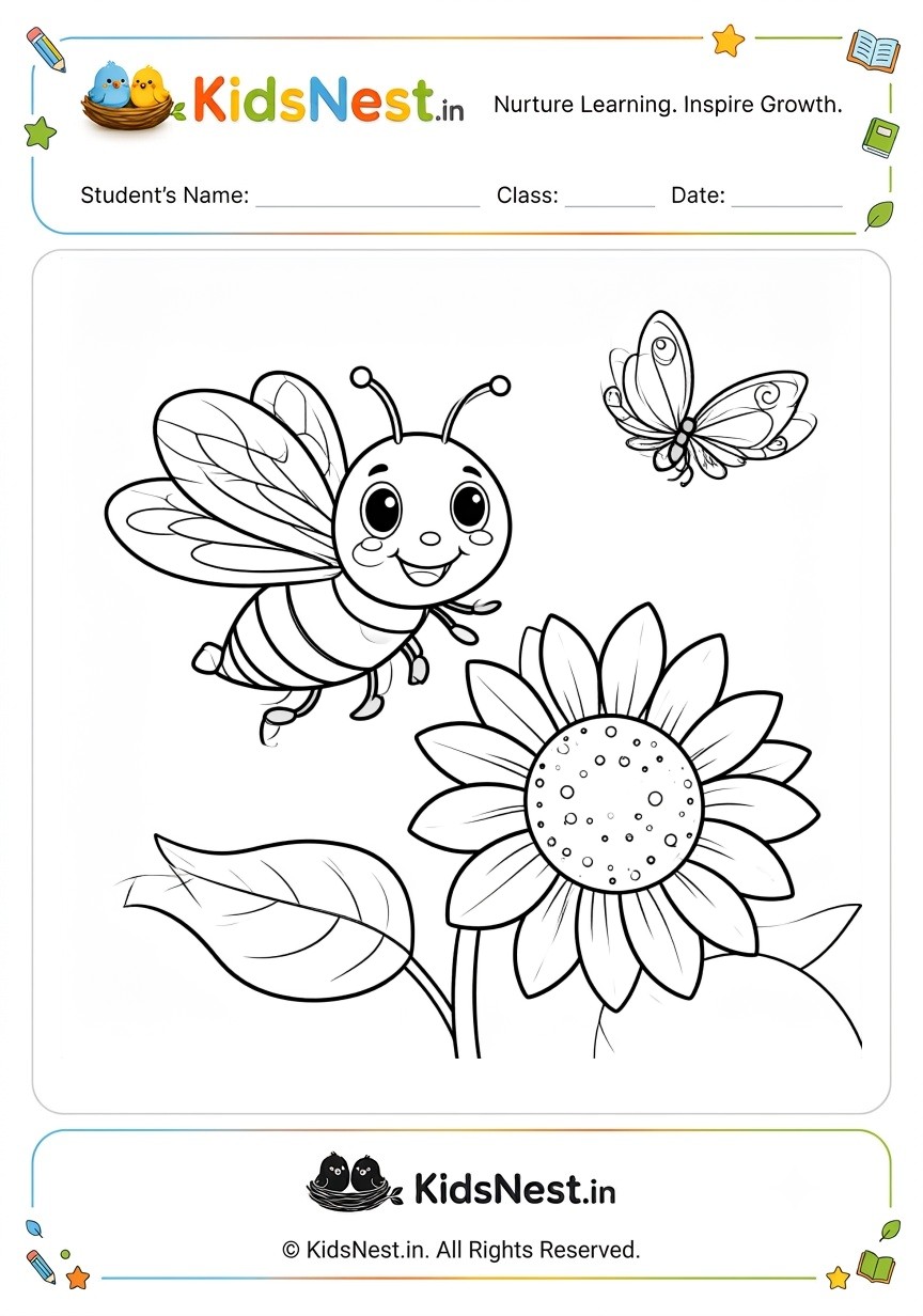 Bee and Sunflower Coloring Page | Printable for Kids