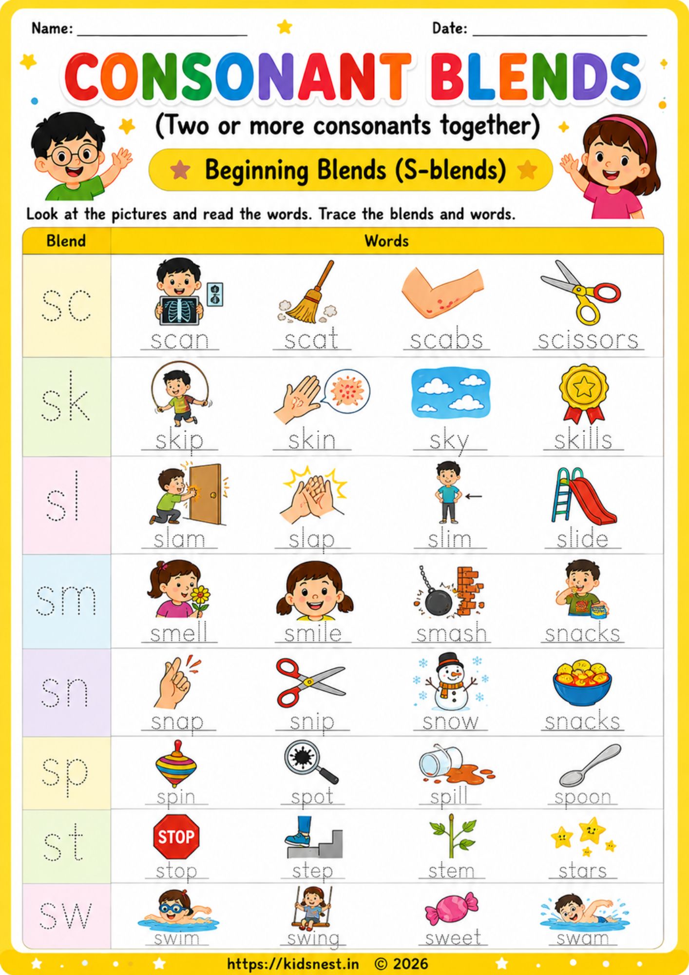 Beginning S-Blends Phonics Activity Sheet | Printable PDF