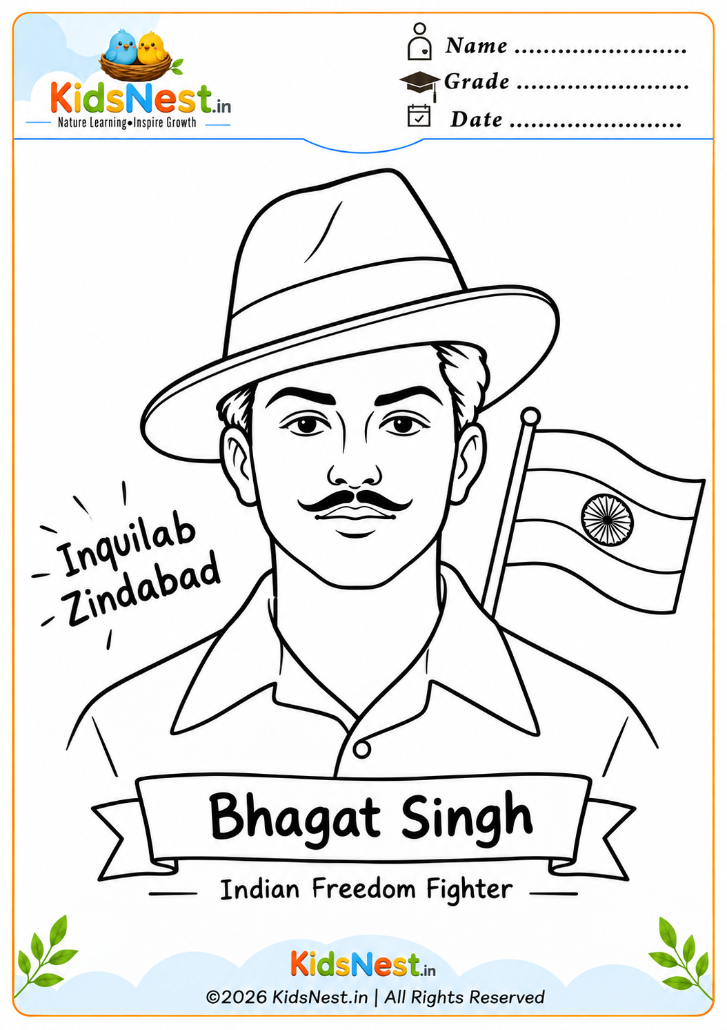 Bhagat Singh Coloring Page for Kids | Free Printable PDF