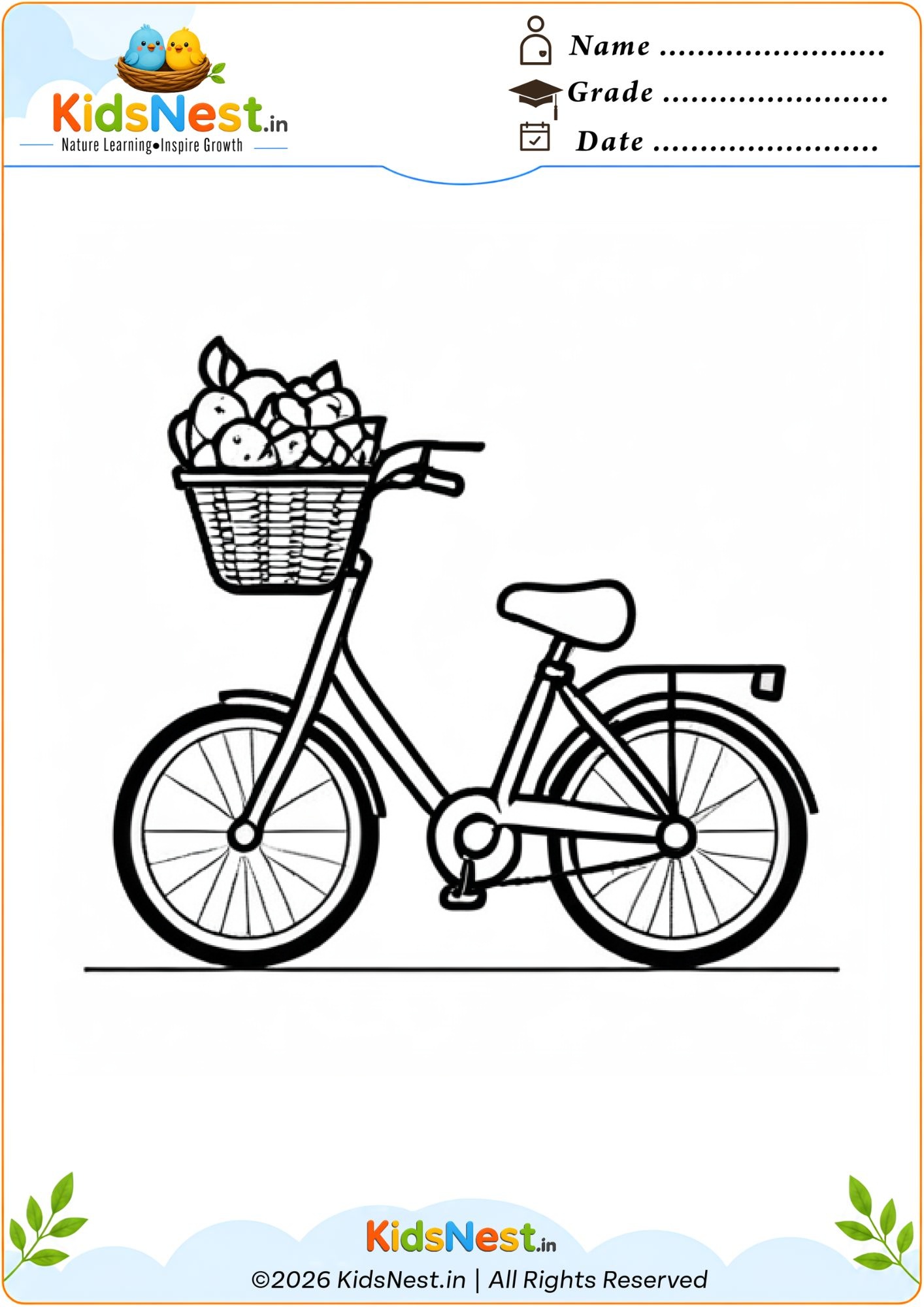 Bicycle with Basket Coloring Worksheet | Free Printable for Kids
