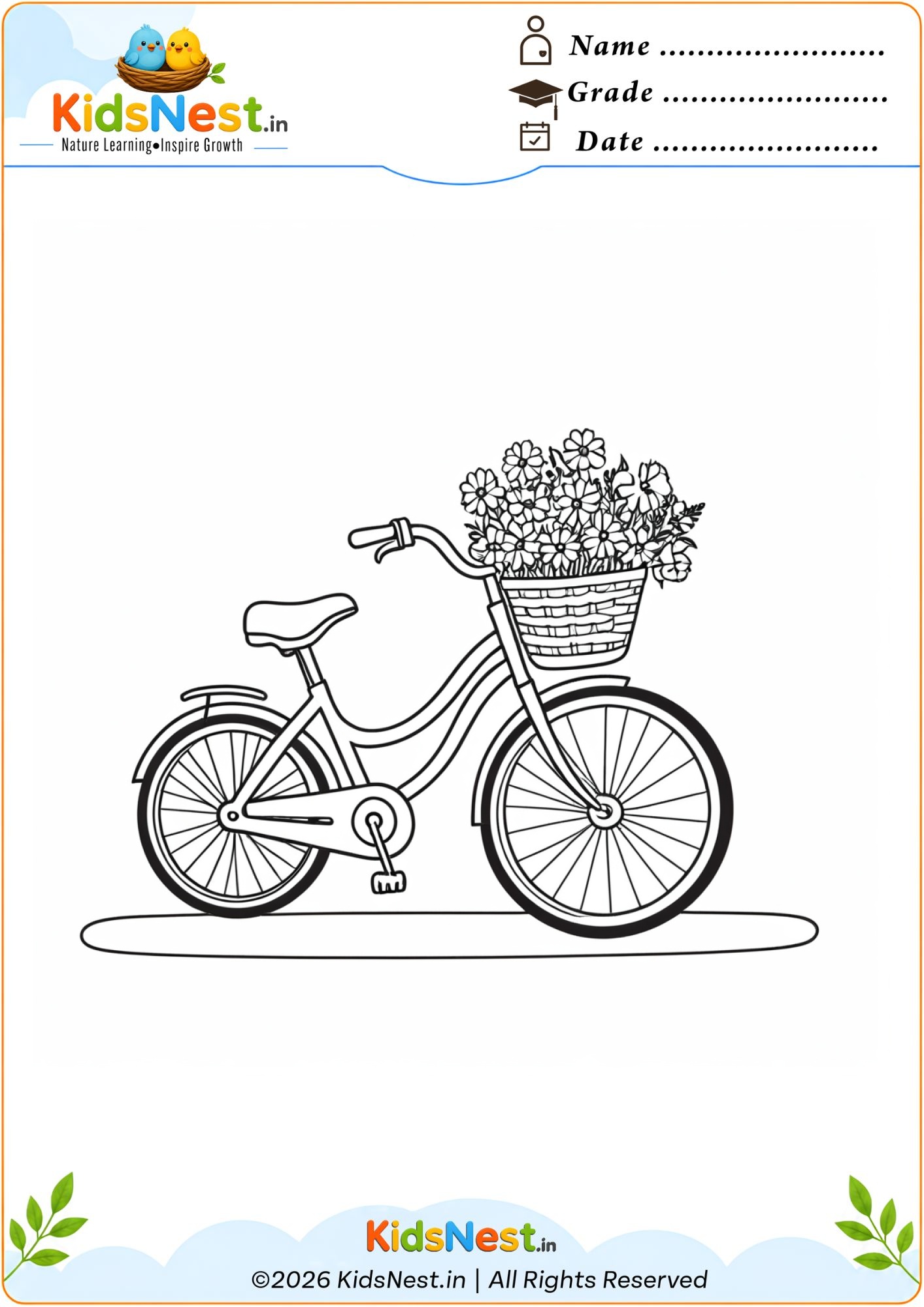 Printable Bicycle with Flower Basket Coloring Page for Kids