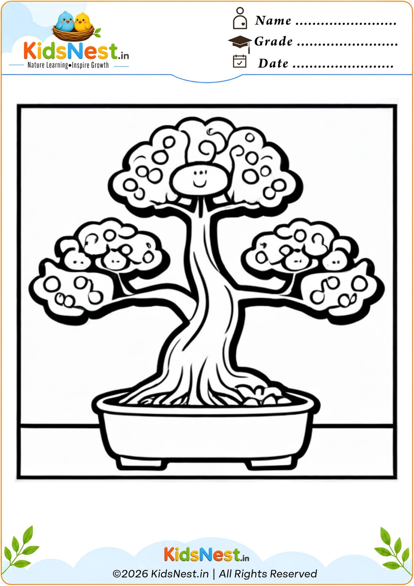 Printable Bonsai Tree Coloring Worksheet for Kids | Free PDF