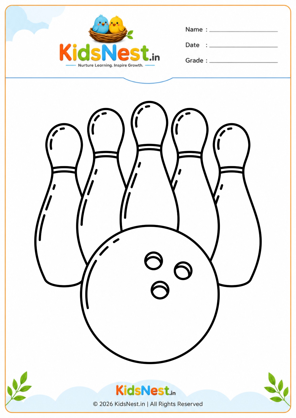 Bowling Pins and Ball Coloring Worksheet | Printable for Kids
