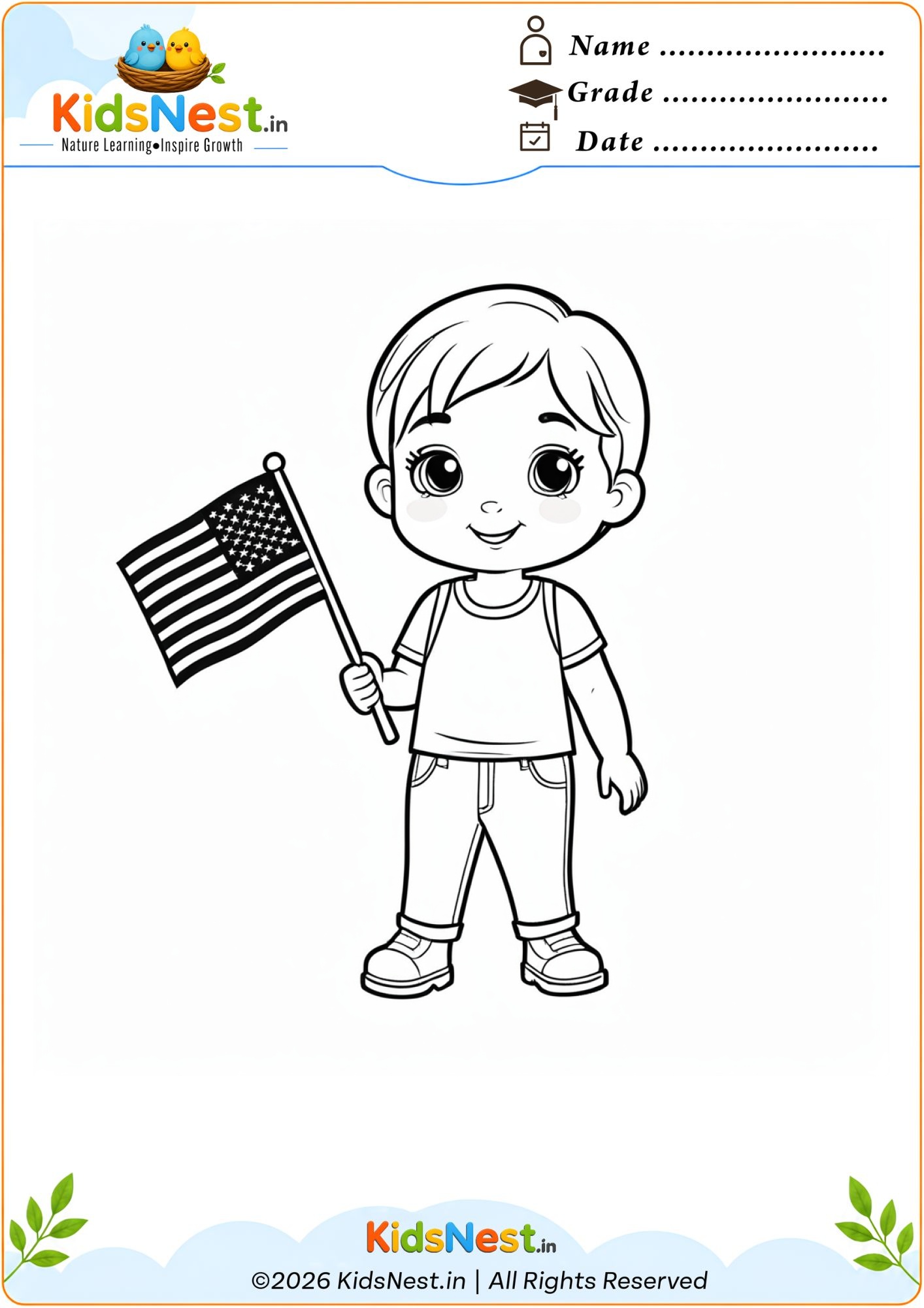 Boy with American Flag Coloring Page | Free Printable PDF