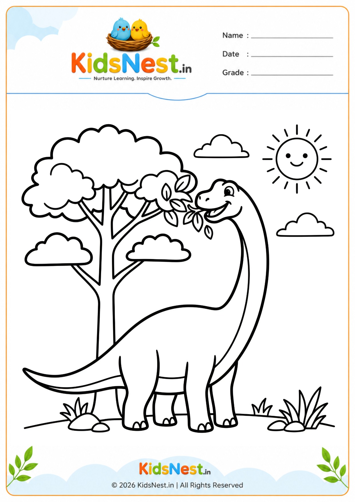 Brachiosaurus Eating Leaves Coloring Worksheet | Free Printable
