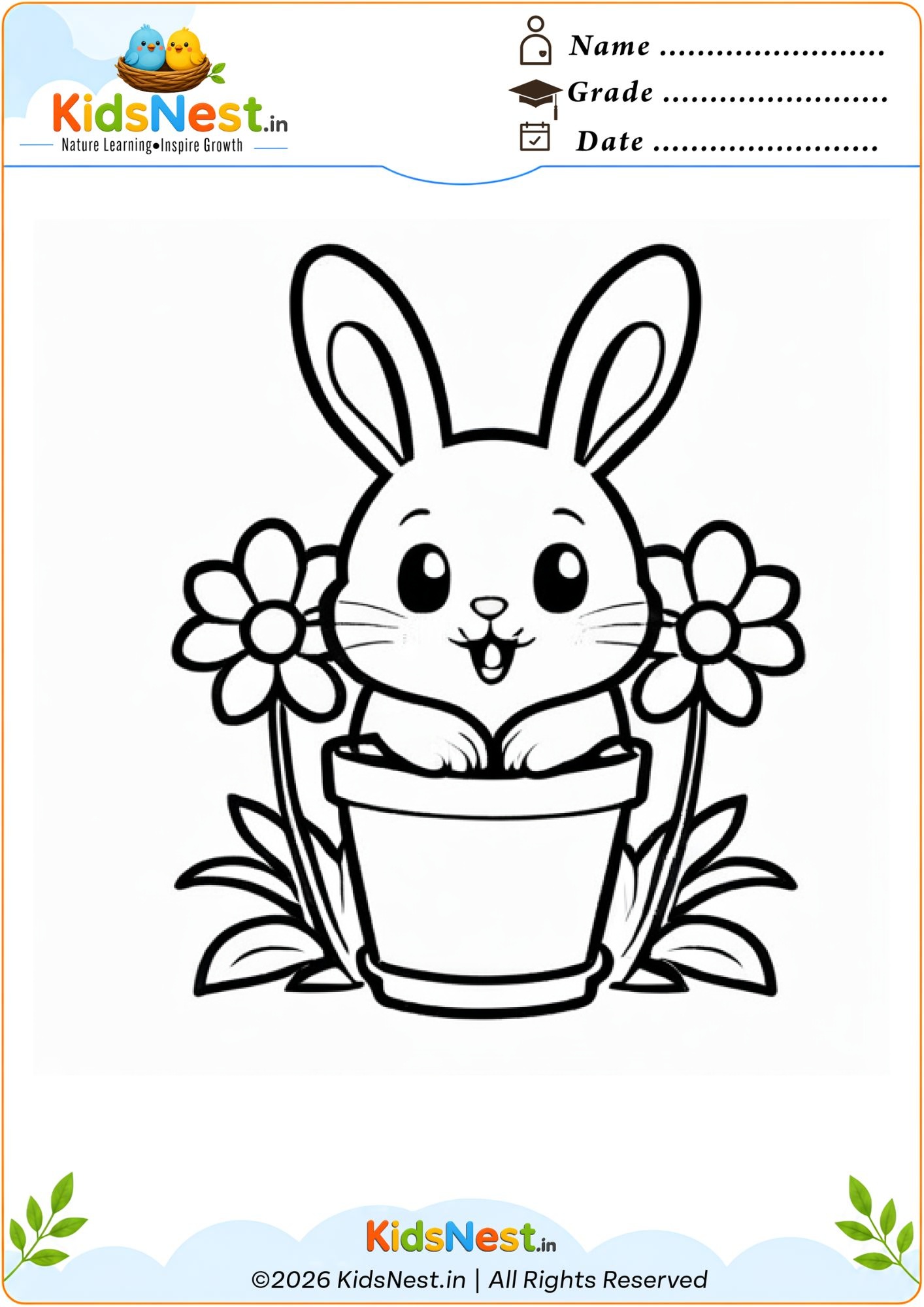 Bunny in a Flowerpot Coloring Page | Free Printable for Kids