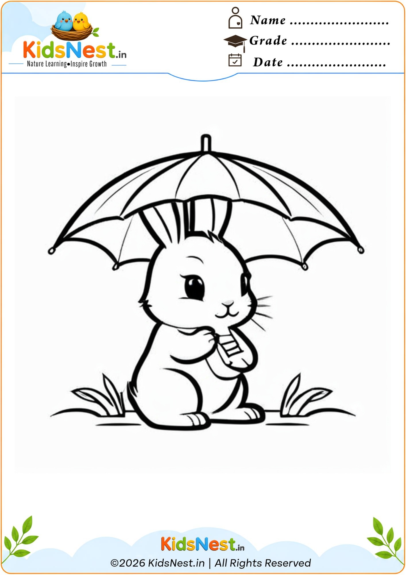 Bunny with Umbrella Coloring Worksheet for Kids | Printable PDF