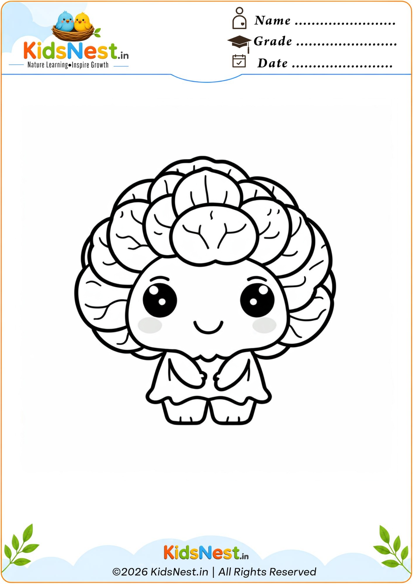 Printable Cabbage Character Coloring Page for Kids | Fun Activity