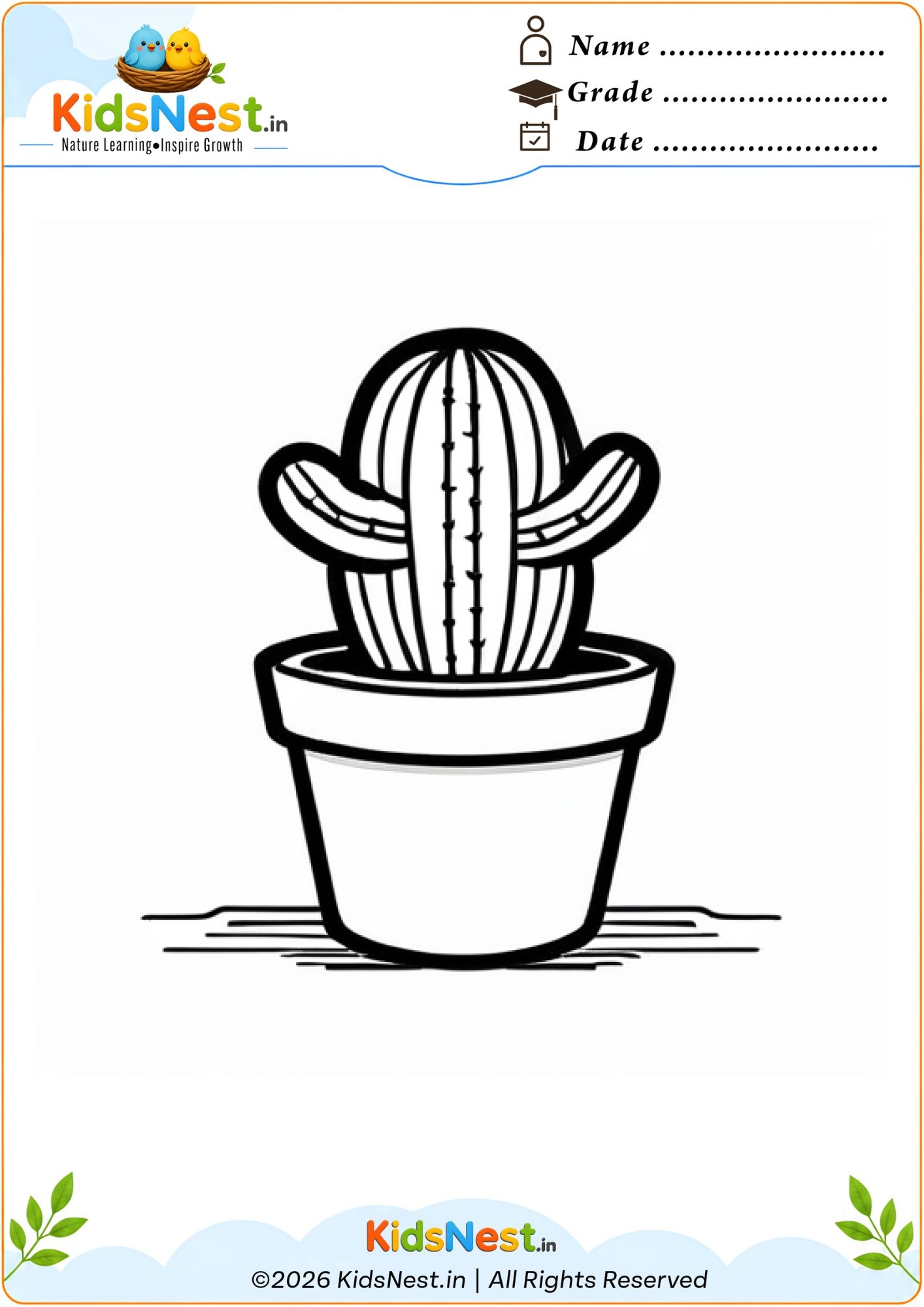 Cactus in a Pot Coloring Worksheet for Kids | Free Printable