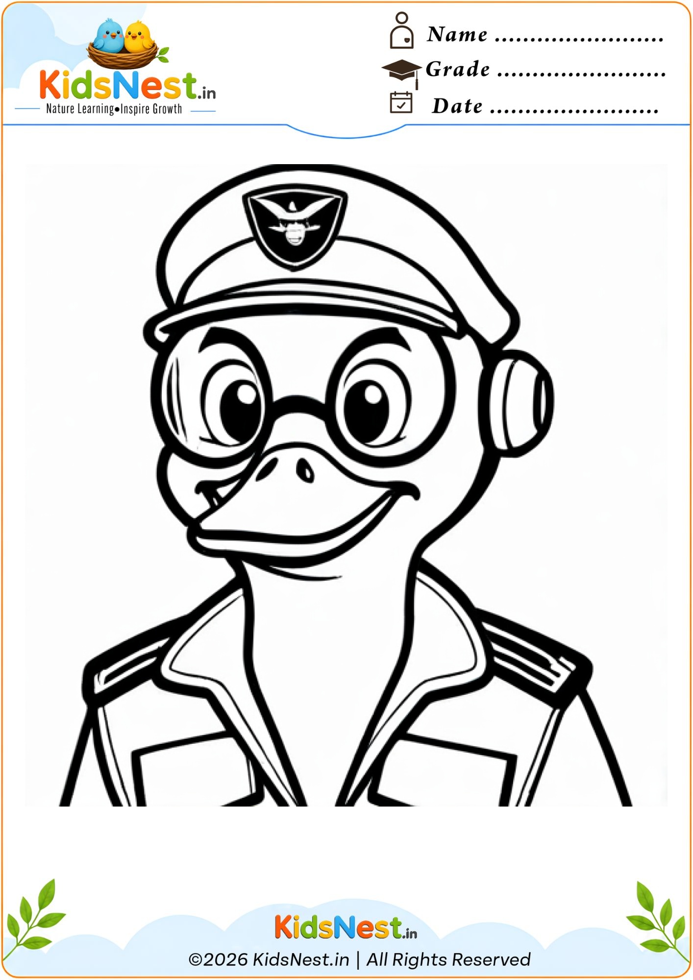 Cartoon Pilot Duck Coloring Page for Kids | Printable PDF