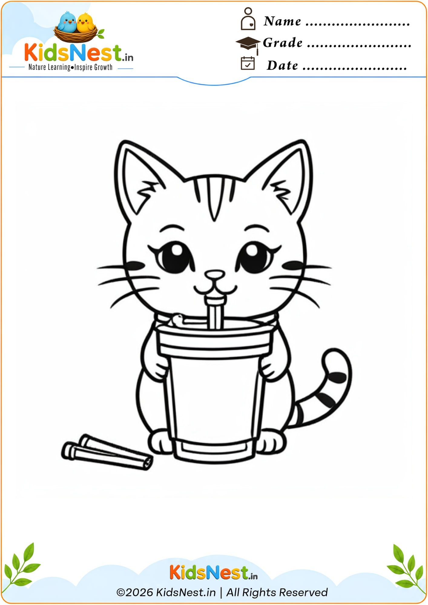 Cat Drinking Boba Coloring Page for Kids | Free Printable