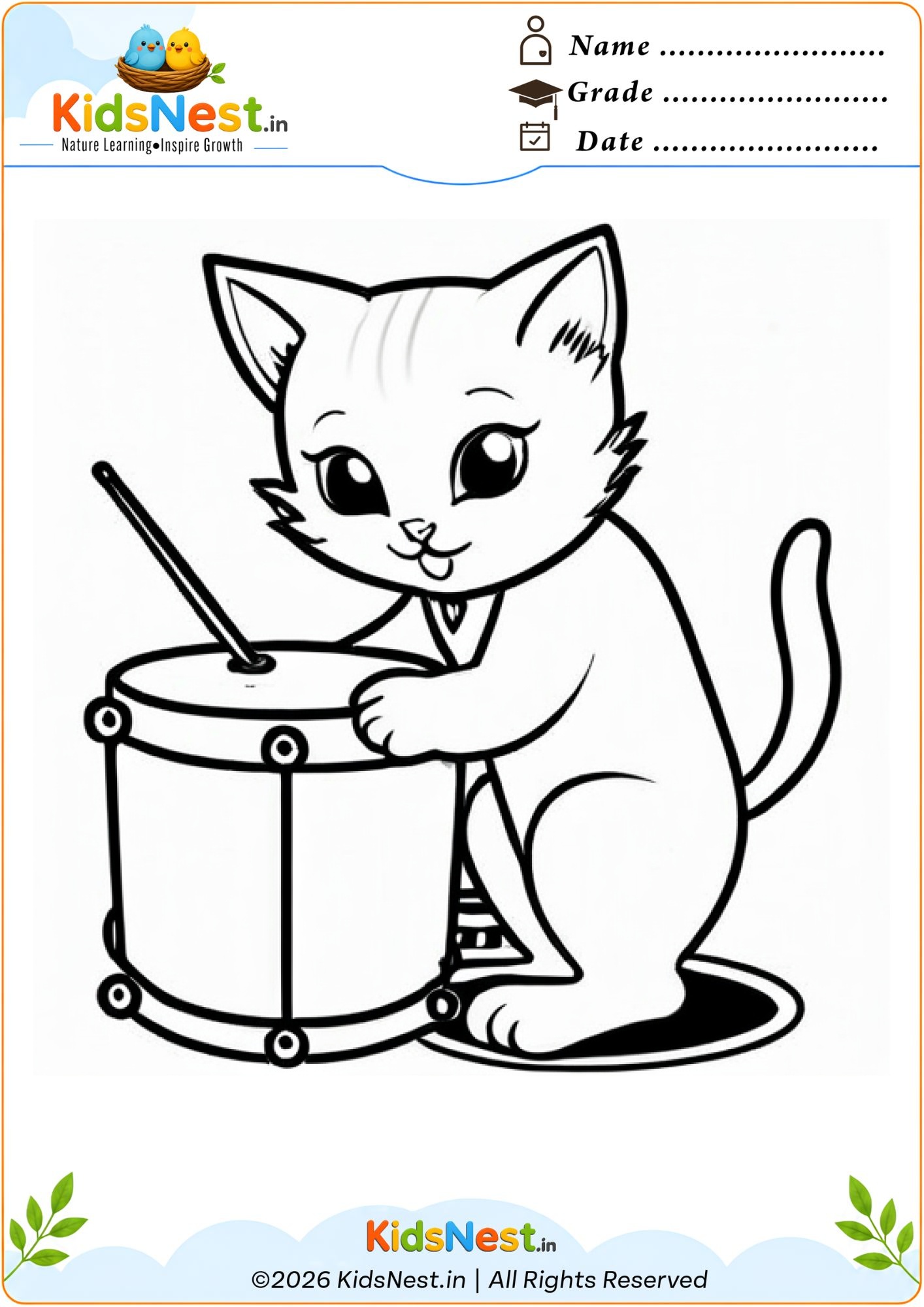 Cat Playing Drums Coloring Worksheet for Kids | Printable PDF