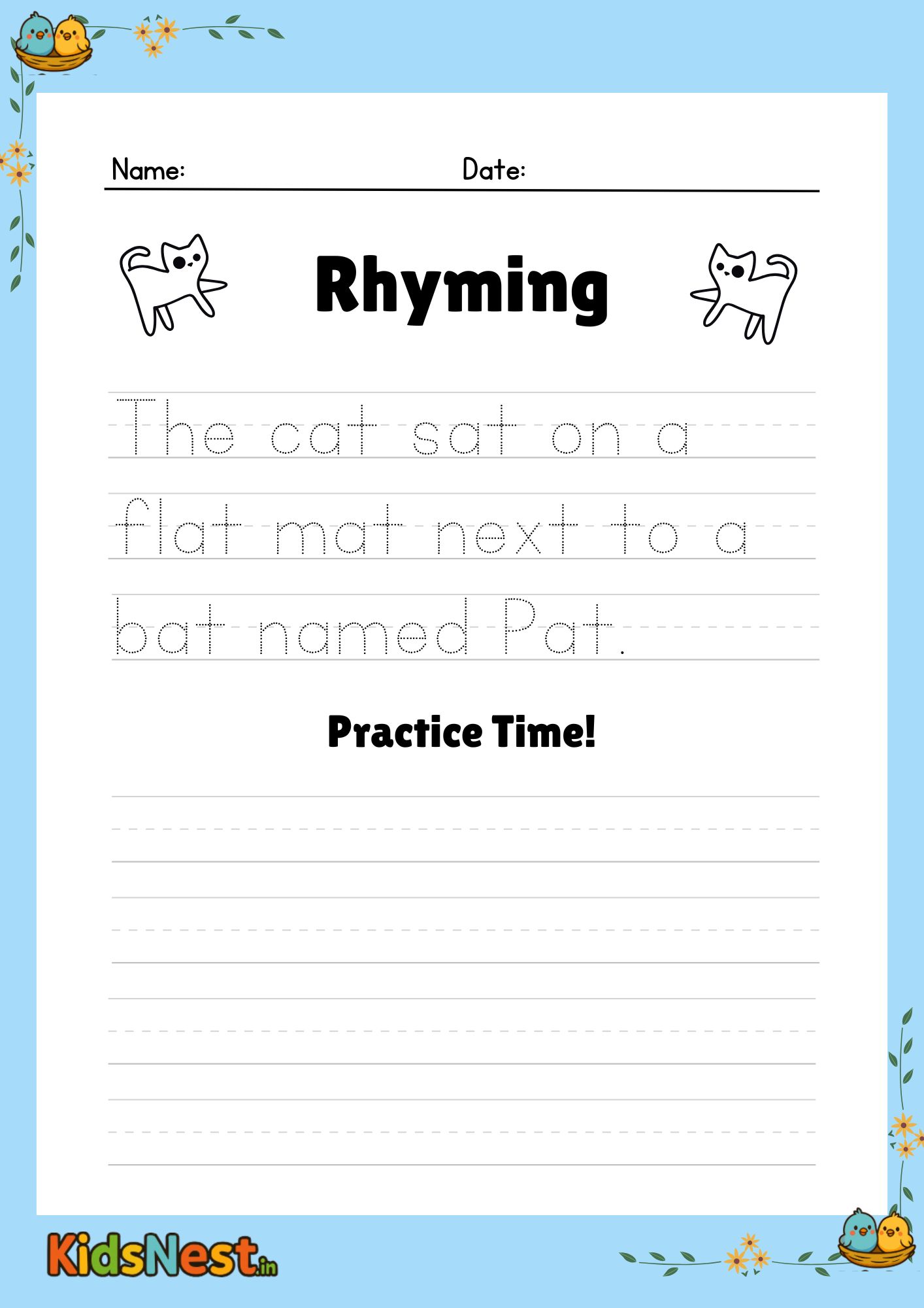 Cat Rhyming Sentences Worksheet | Writing Practice for Kids