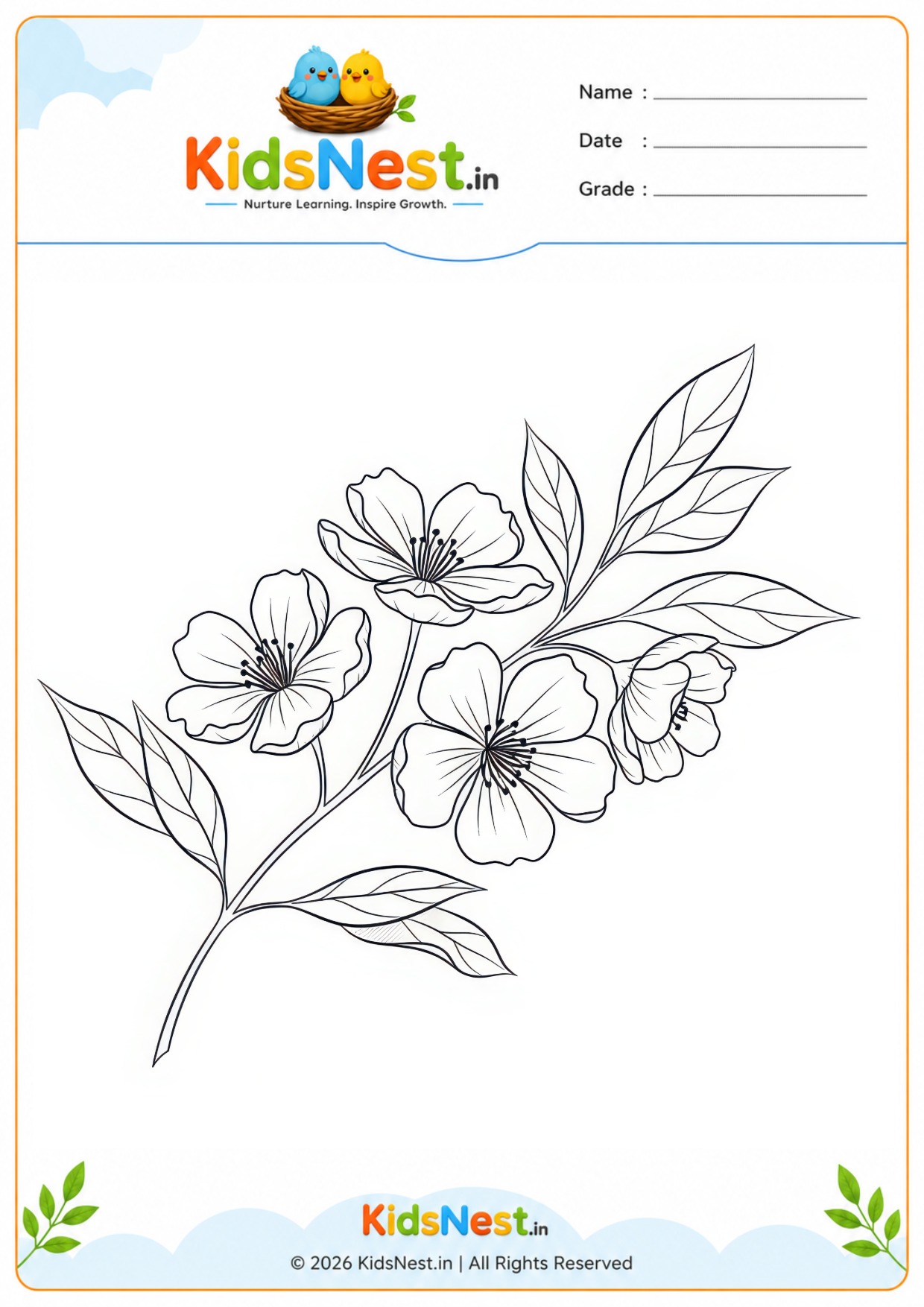 Free Cherry Blossom Branch Coloring Worksheet | Kids Printable
