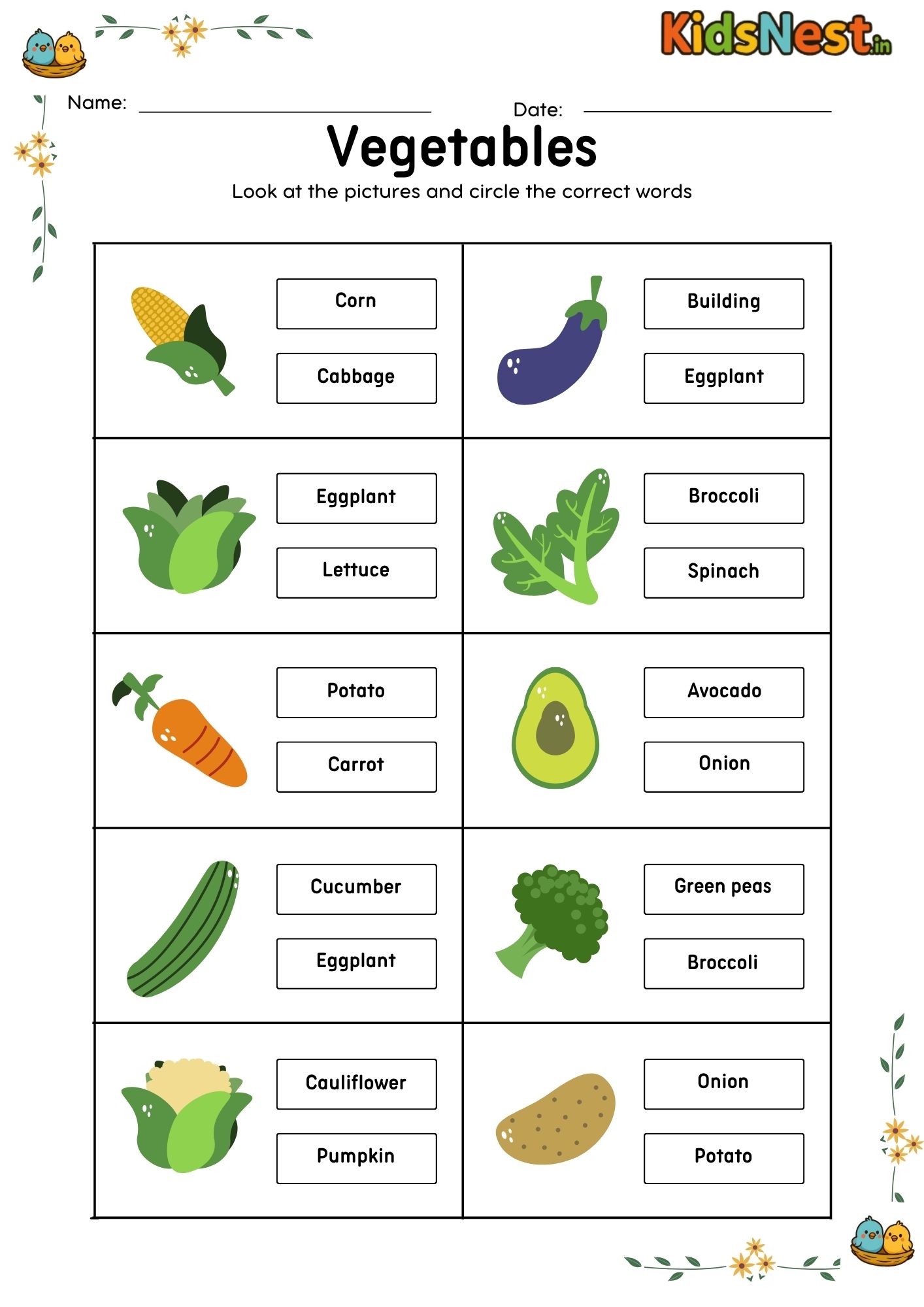 Vegetable Name Worksheet for Kids | Printable Activity