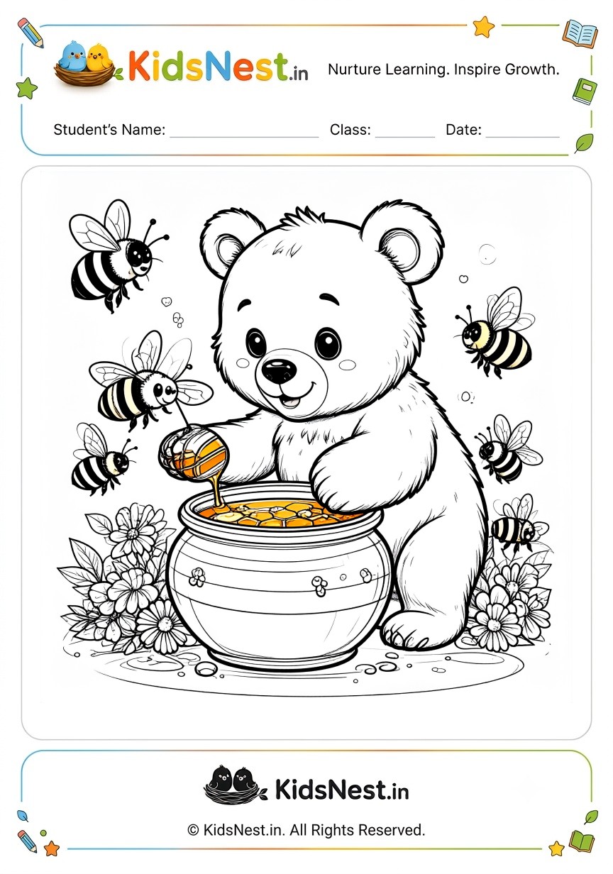 Printable Bear and Honey Pot Coloring Page for Kids