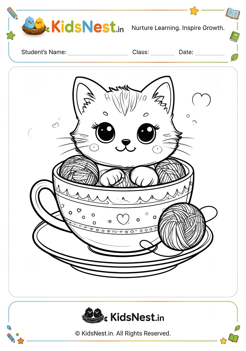 Printable Coloring Activity: Cute Kitten in a Teacup for Kids
