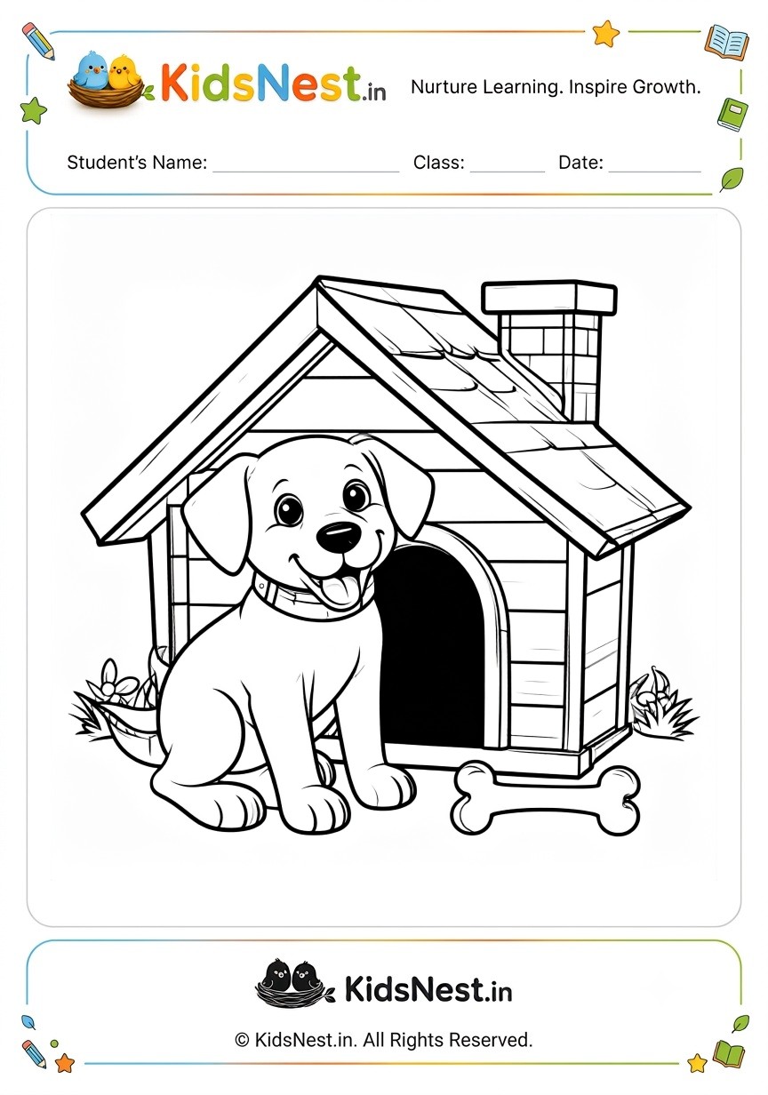 Printable Puppy and Doghouse Coloring Page for Kids