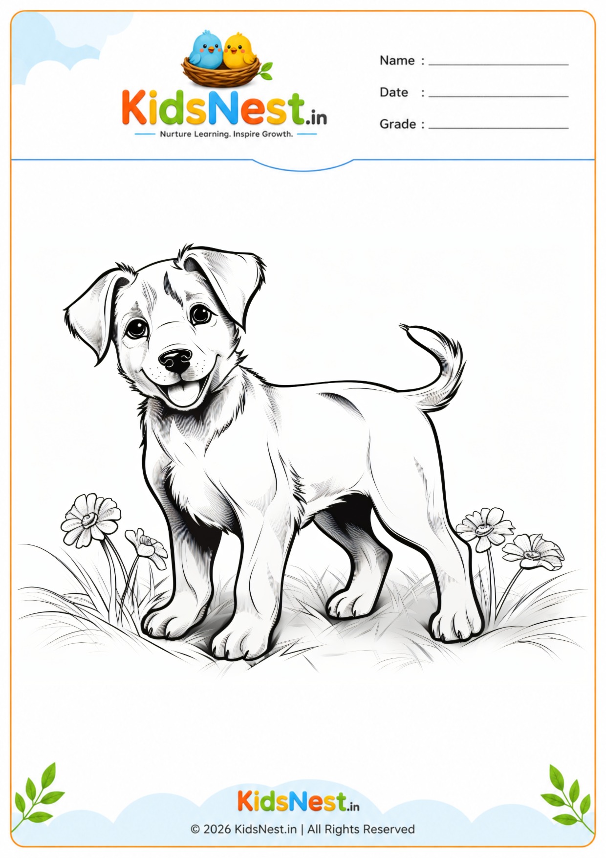 Happy Puppy in the Garden Coloring Page | Printable for Kids