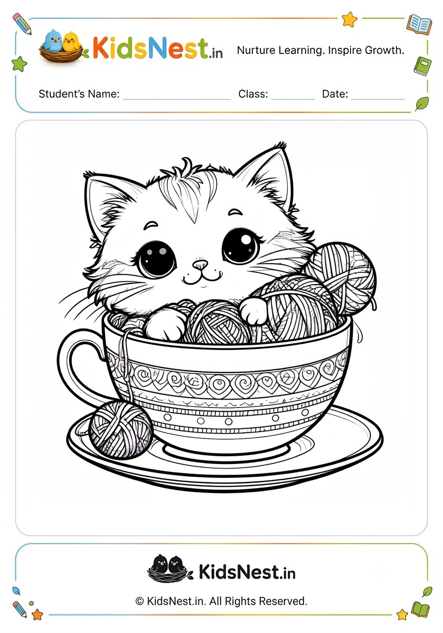 Printable Kitten in a Teacup Coloring Page for Kids