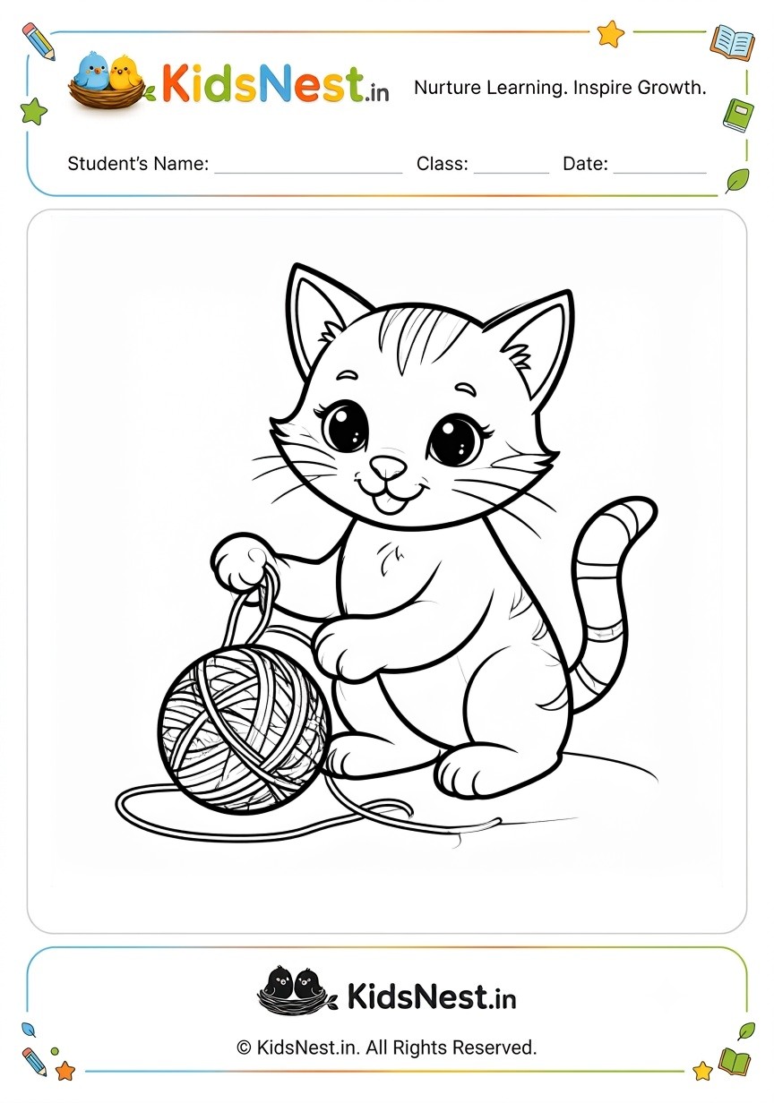 Printable Coloring Activity: Playful Kitten with Yarn for Kids