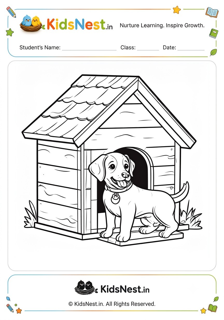 Printable Puppy in a Doghouse Coloring Page for Kids
