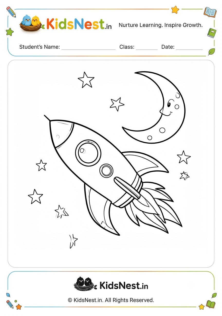 Printable Space Rocket & Moon Coloring Page for Kids