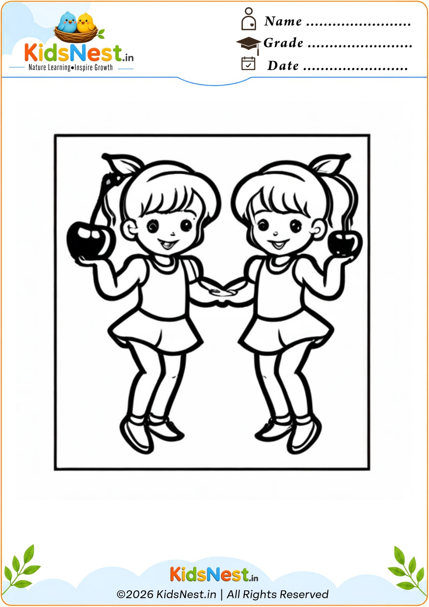 Printable Coloring Page: Cute Twin Girls with Cherries