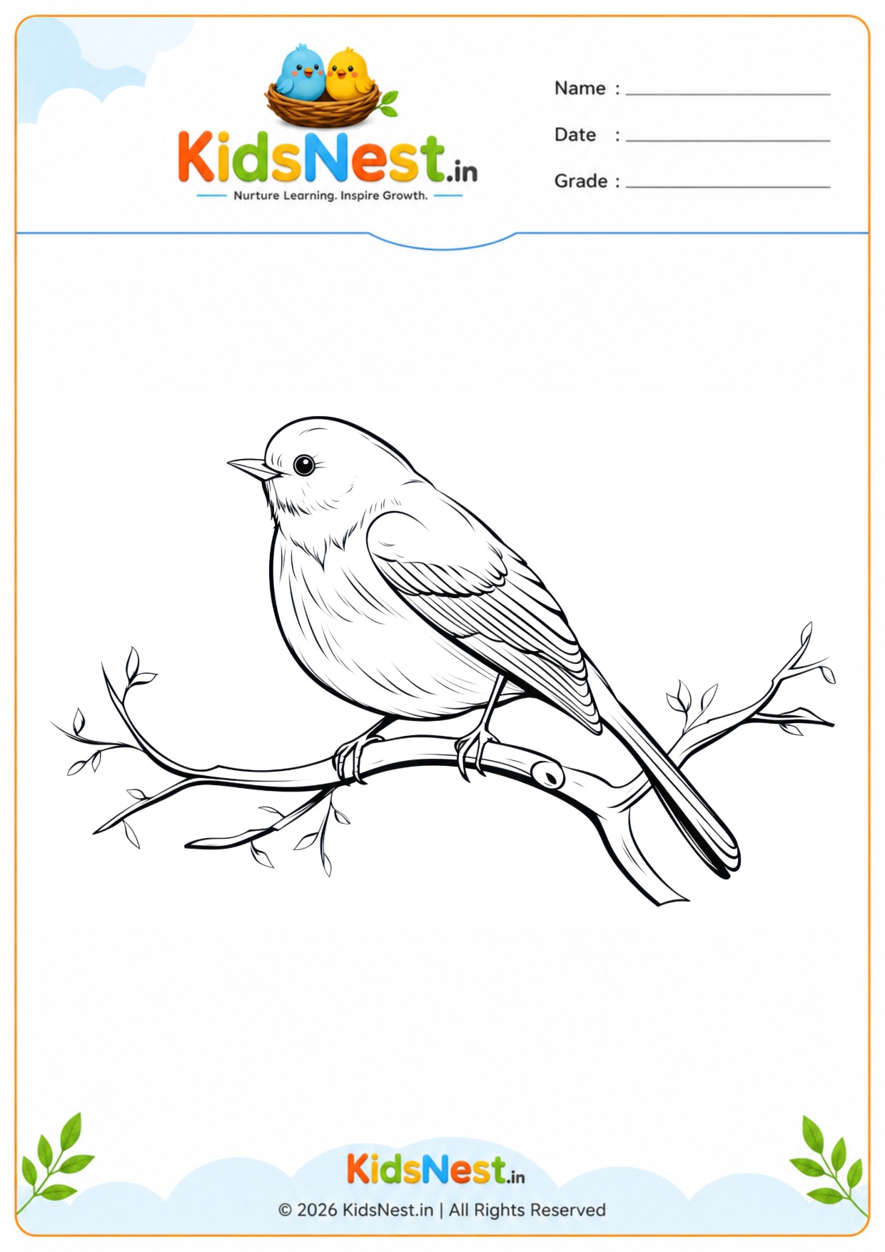 Free Printable Bird on a Branch Coloring Page for Kids