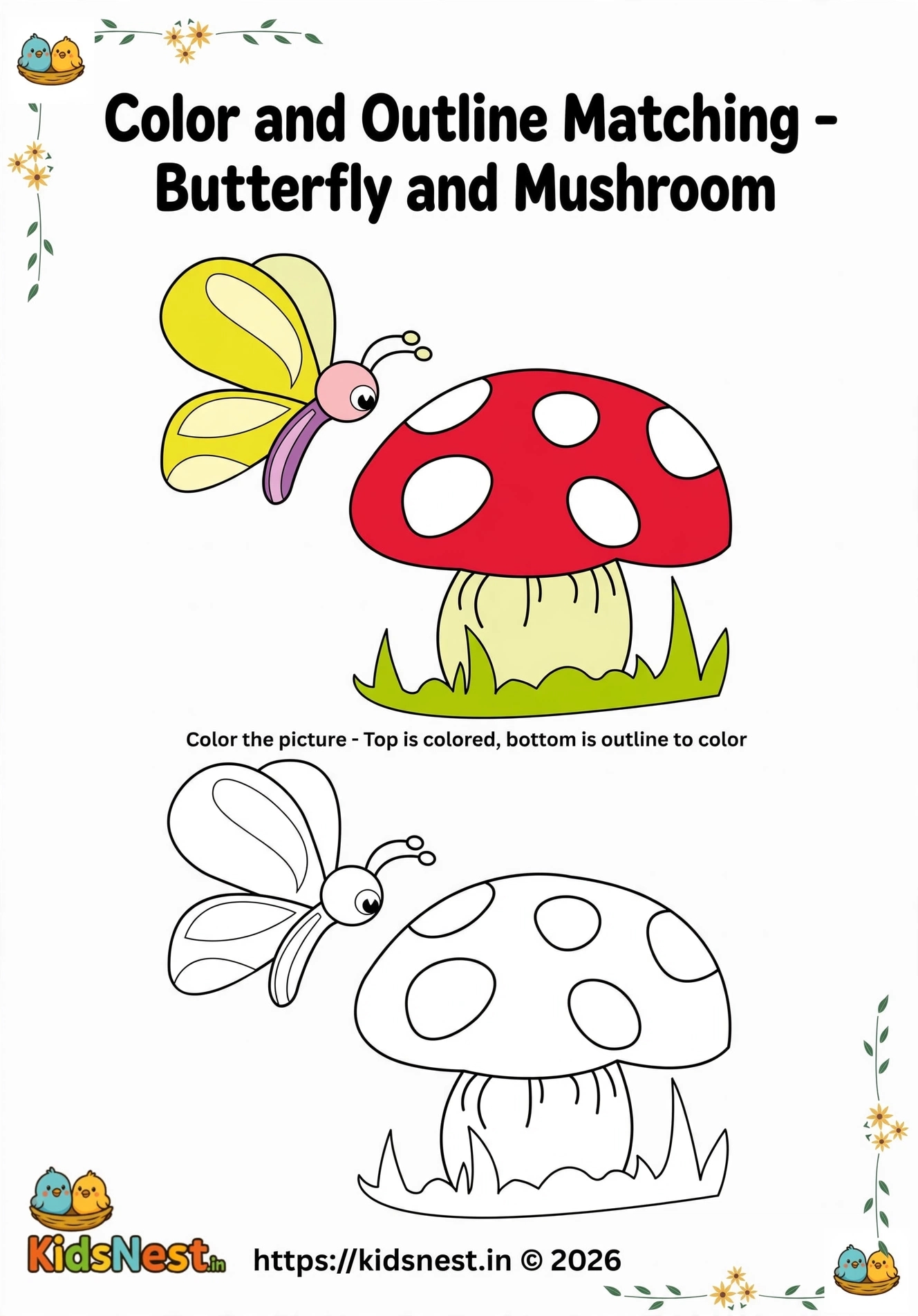 Butterfly and Mushroom Color Matching Coloring Page for Kids