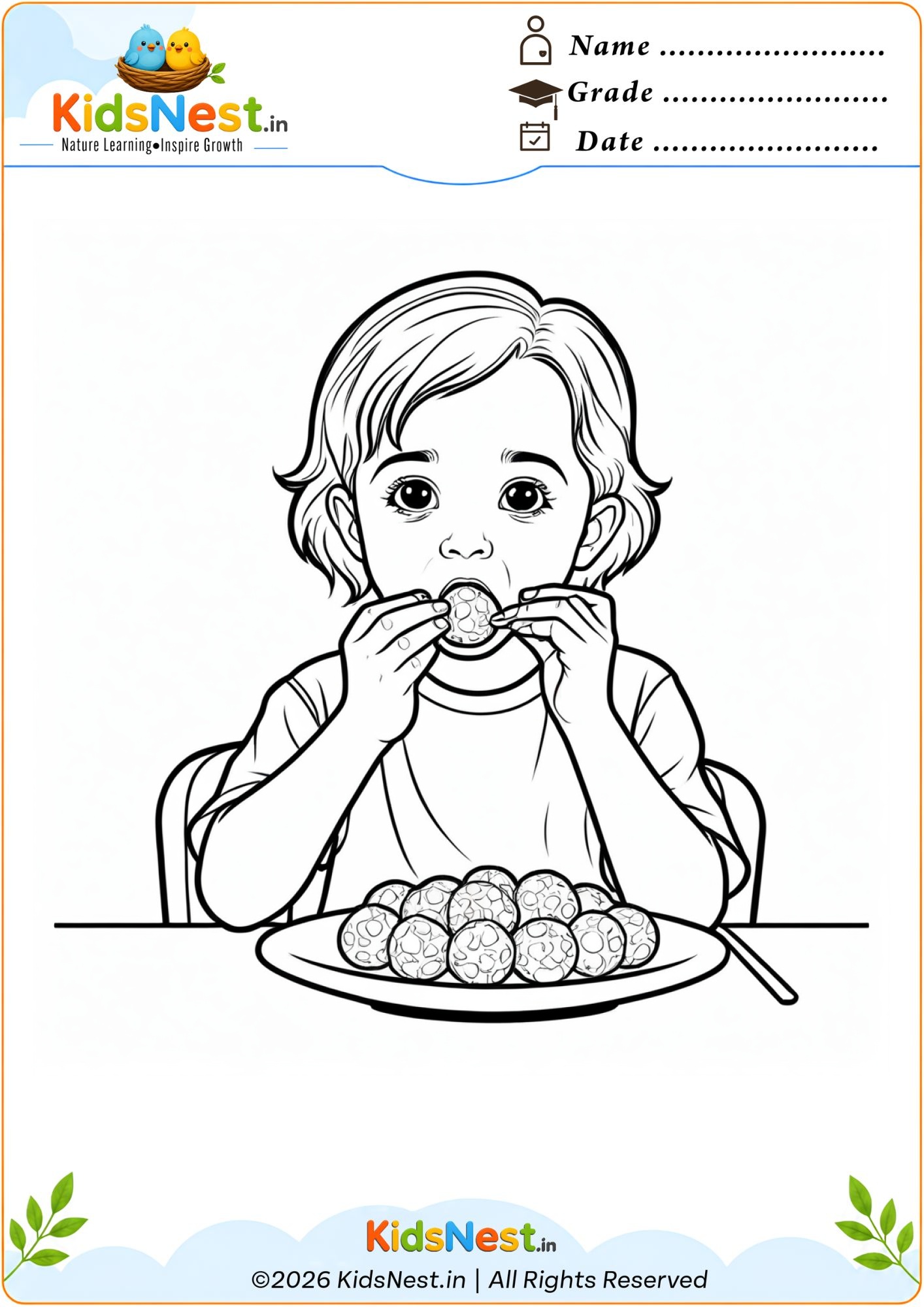 Printable Coloring Page: Child Eating Sweet Ladoo | Fun Activity