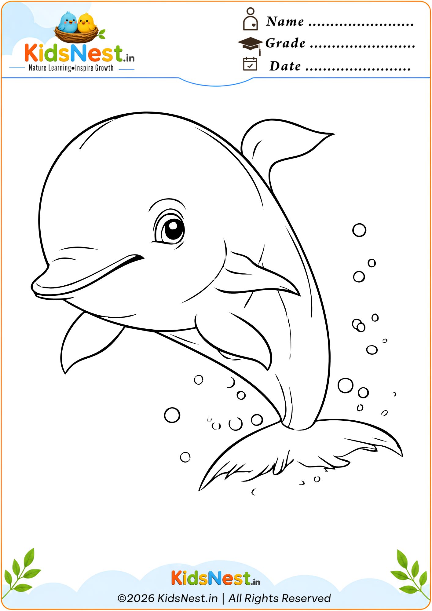 Cute Dolphin Coloring Page for Kids | Free Printable Worksheet