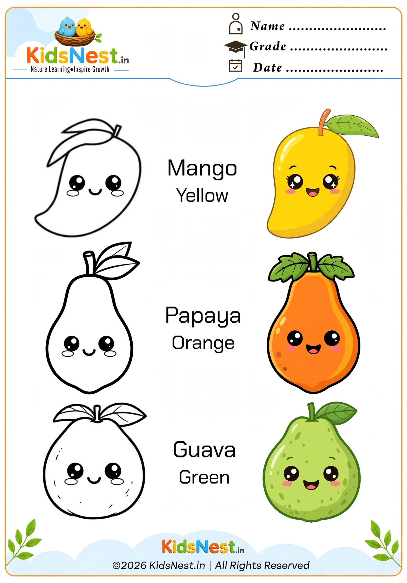 Cute Fruit Coloring Page: Mango, Papaya & Guava | Printable
