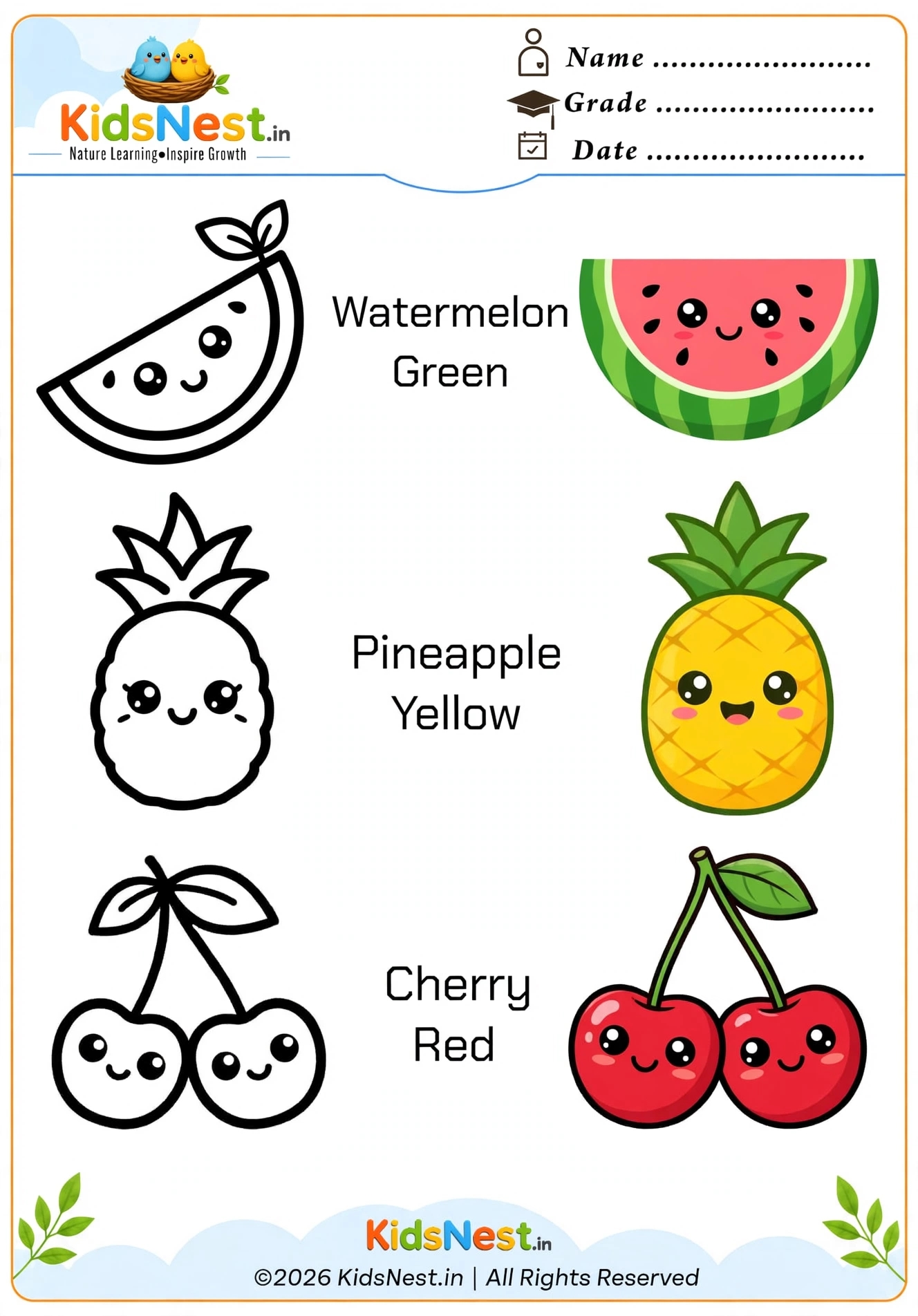 Printable Coloring Page: Cute Fruits and Colors for Kids