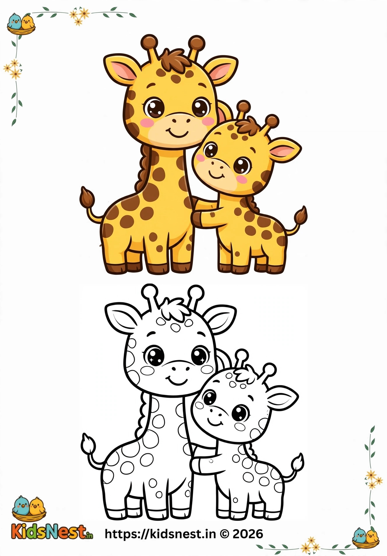 Printable Cute Giraffe Mother and Baby Coloring Page for Kids