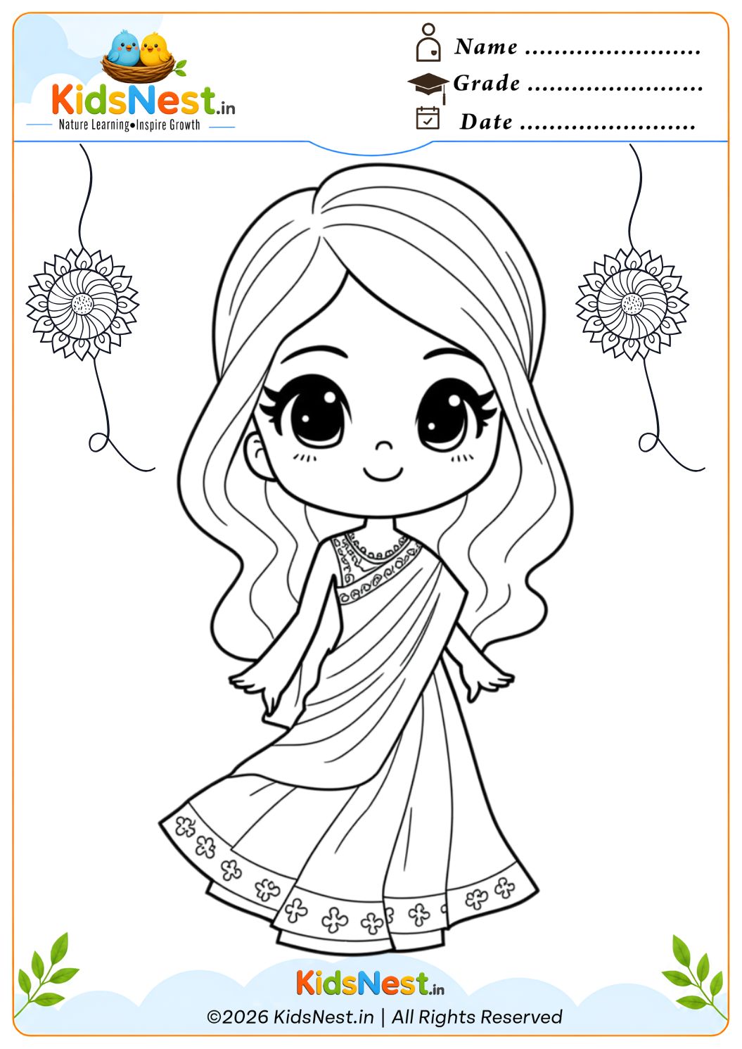 Printable Cute Girl in Saree with Rakhi Coloring Page for Kids