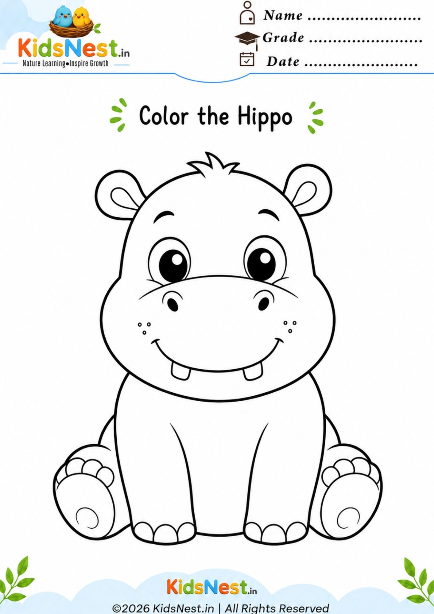 Cute Hippo Coloring Page for Kids | Free Printable Worksheet