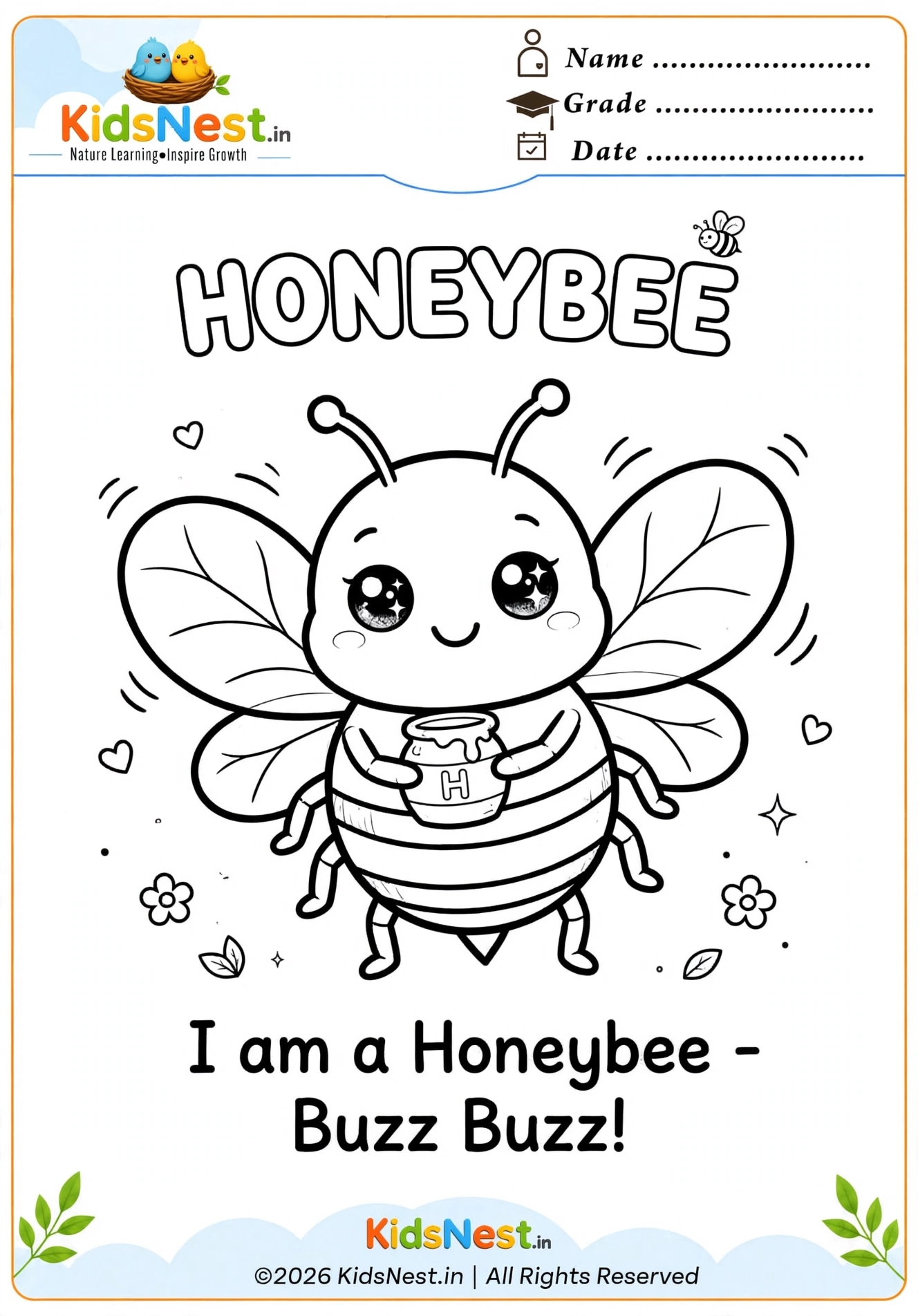 Cute Honeybee and Honey Pot Coloring Page for Kids | Printable