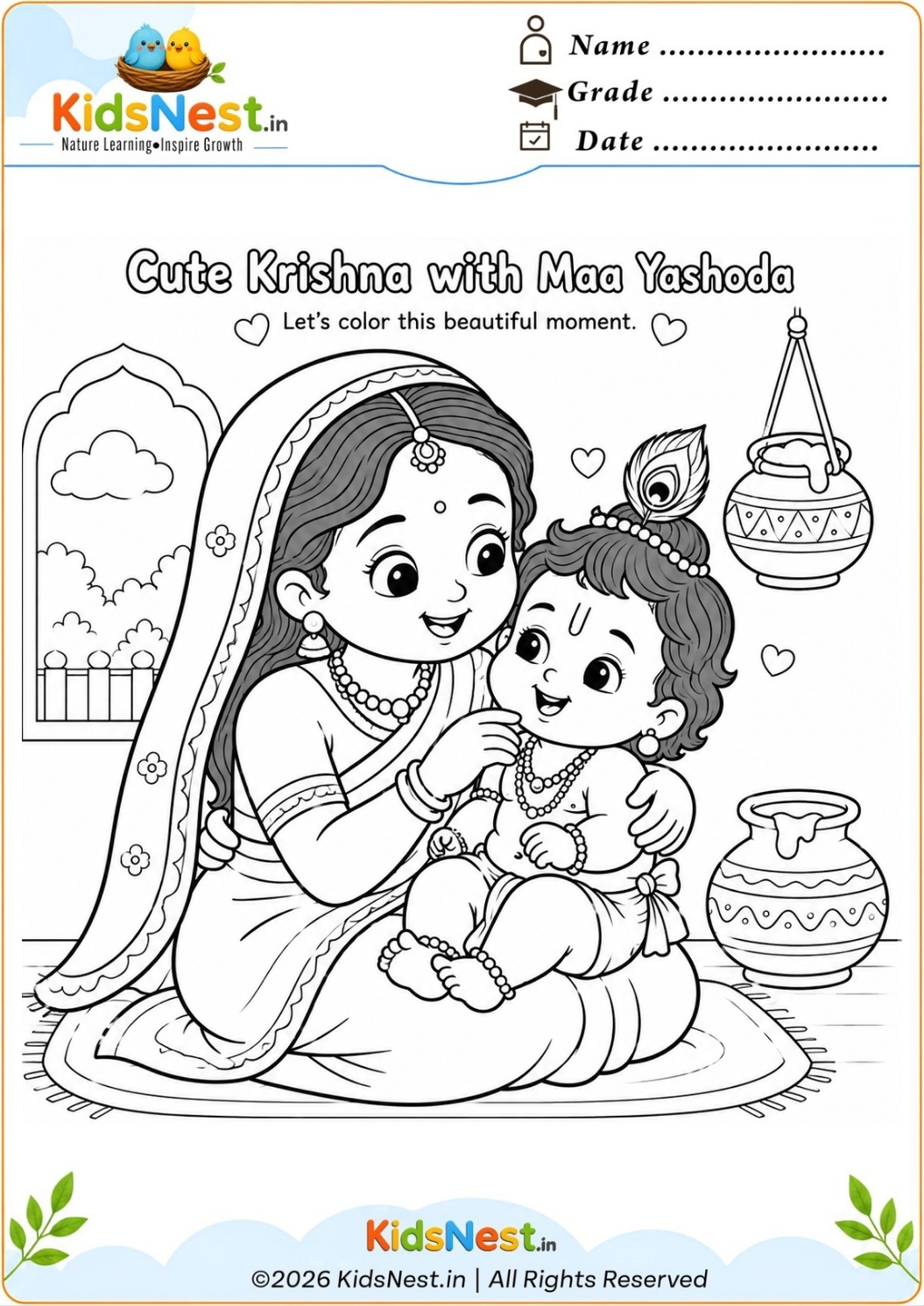 Printable Cute Krishna with Maa Yashoda Coloring Page for Kids