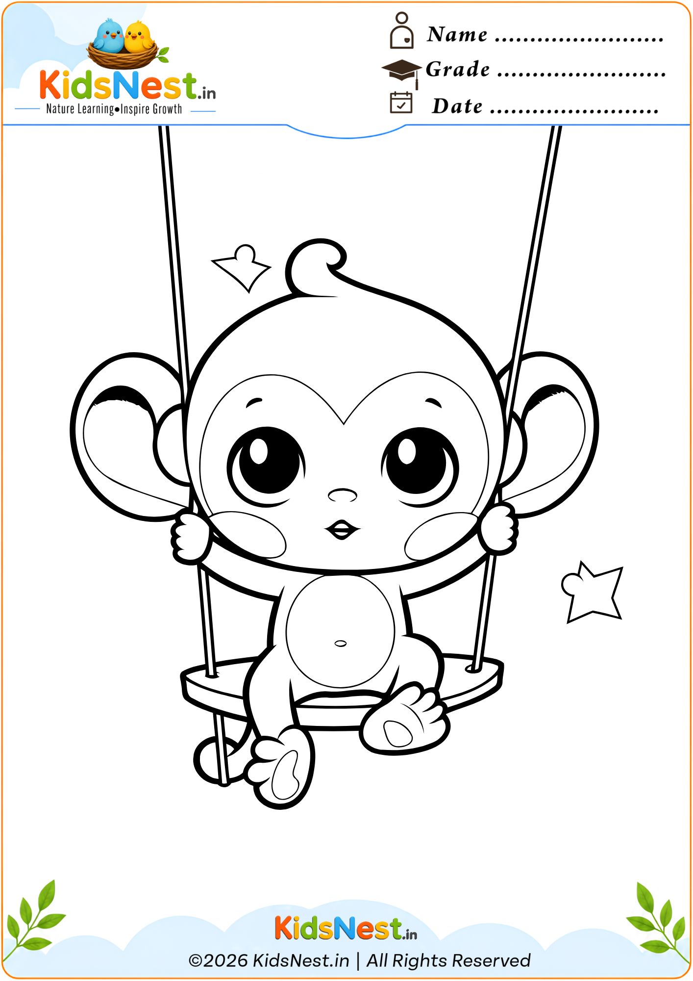 Cute Monkey on a Swing Coloring Page | Printable for Kids